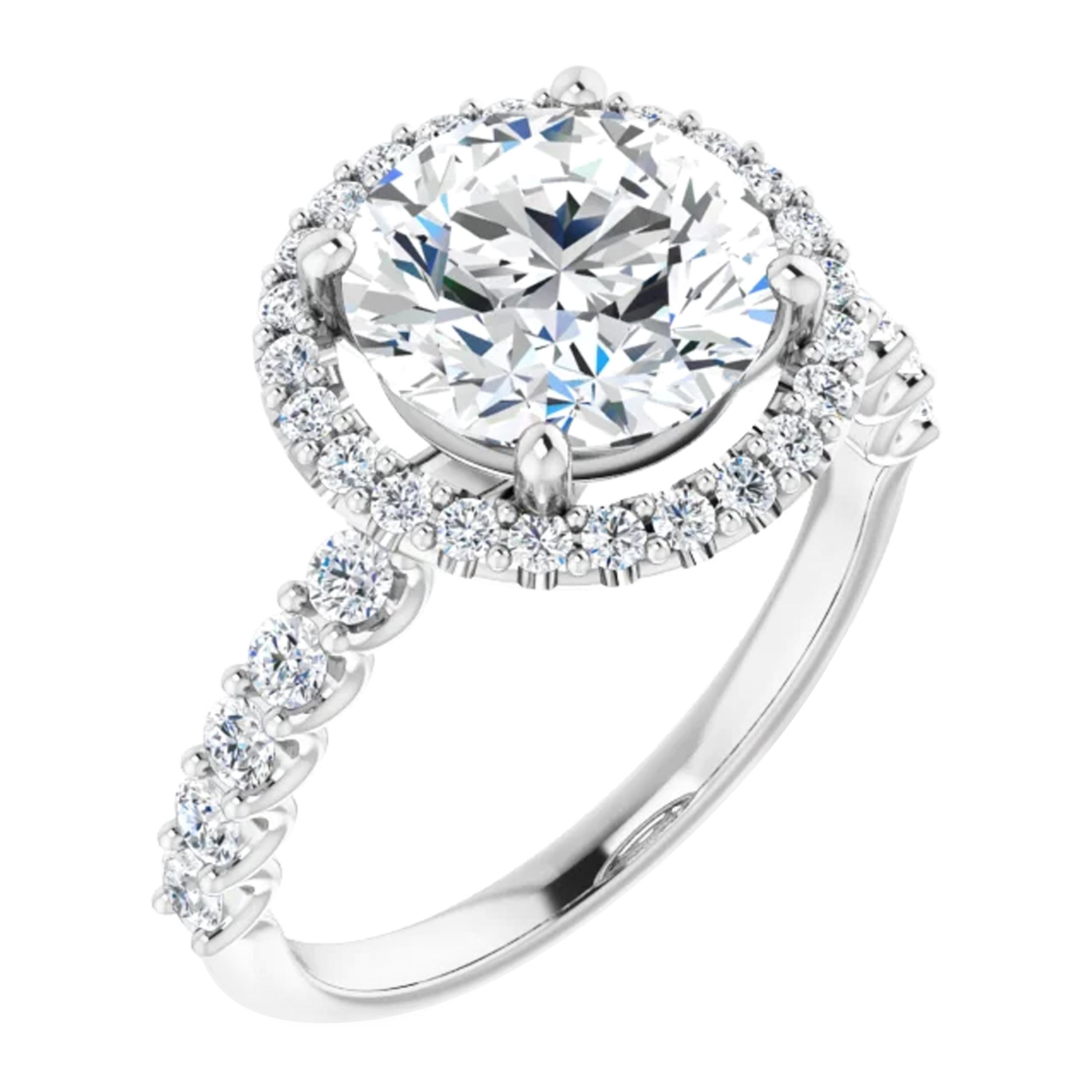 Halo Style Diamond Accented Shared Prong Round GIA Certified Engagement Ring For Sale
