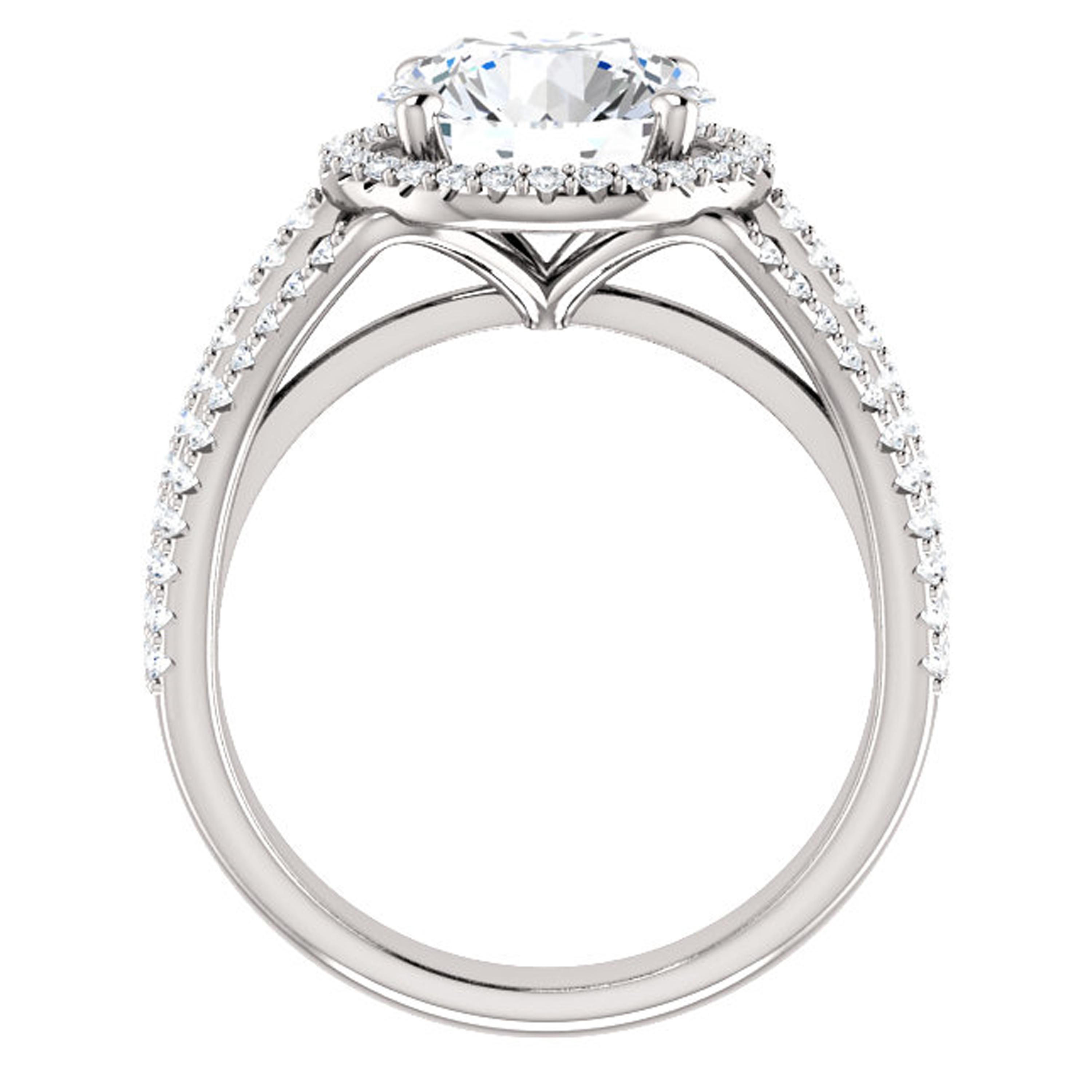 Scintillating with fire, multiple rows of shimmering diamonds line the shank of this Valorenna engagement ring. Additional diamonds surround the halo, amplifying the GIA certified center stone and make it appear larger. A high-polish finish strikes