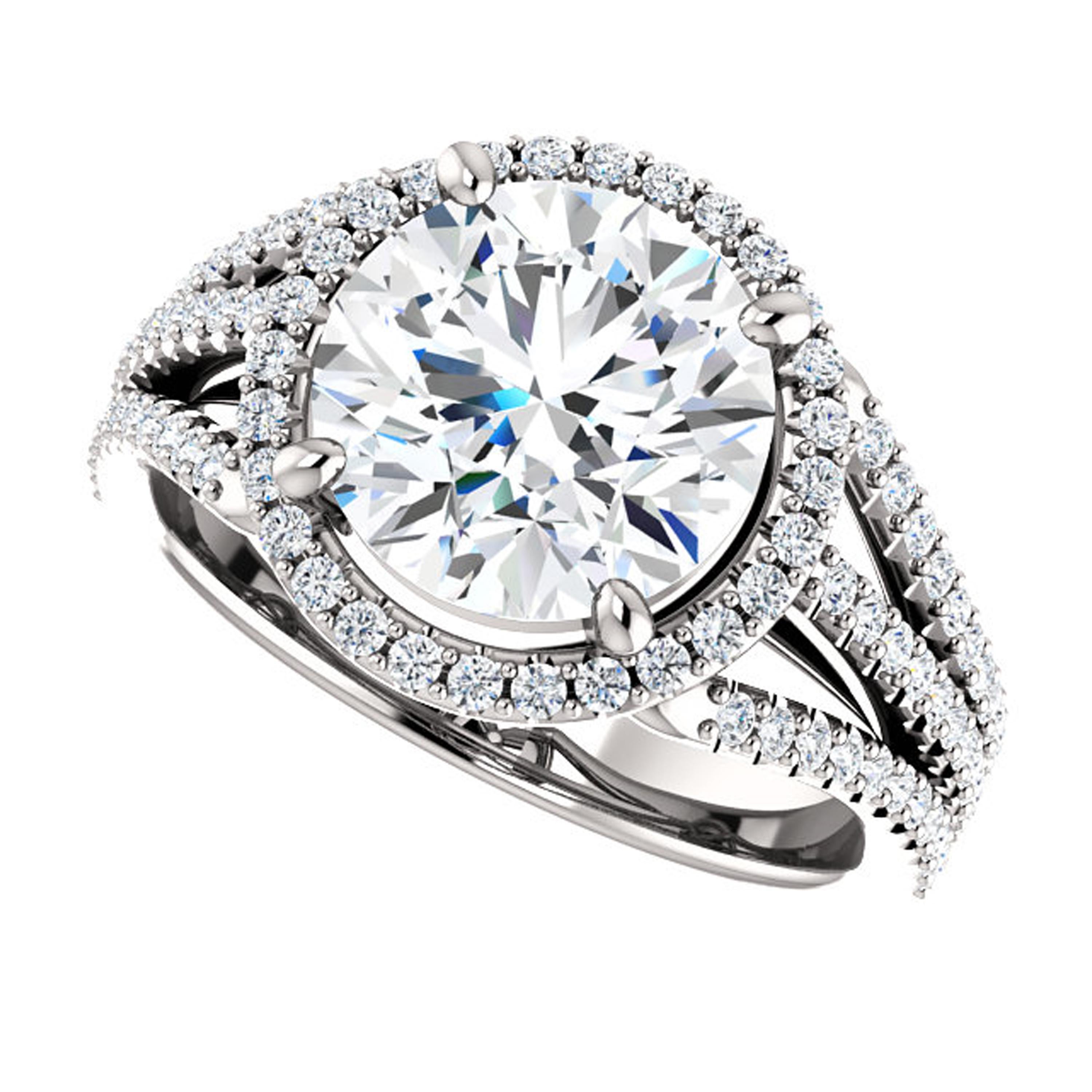 Halo Style Multi-Row Diamond Accented Round GIA Certified Engagement Ring In New Condition For Sale In Los Angeles, CA