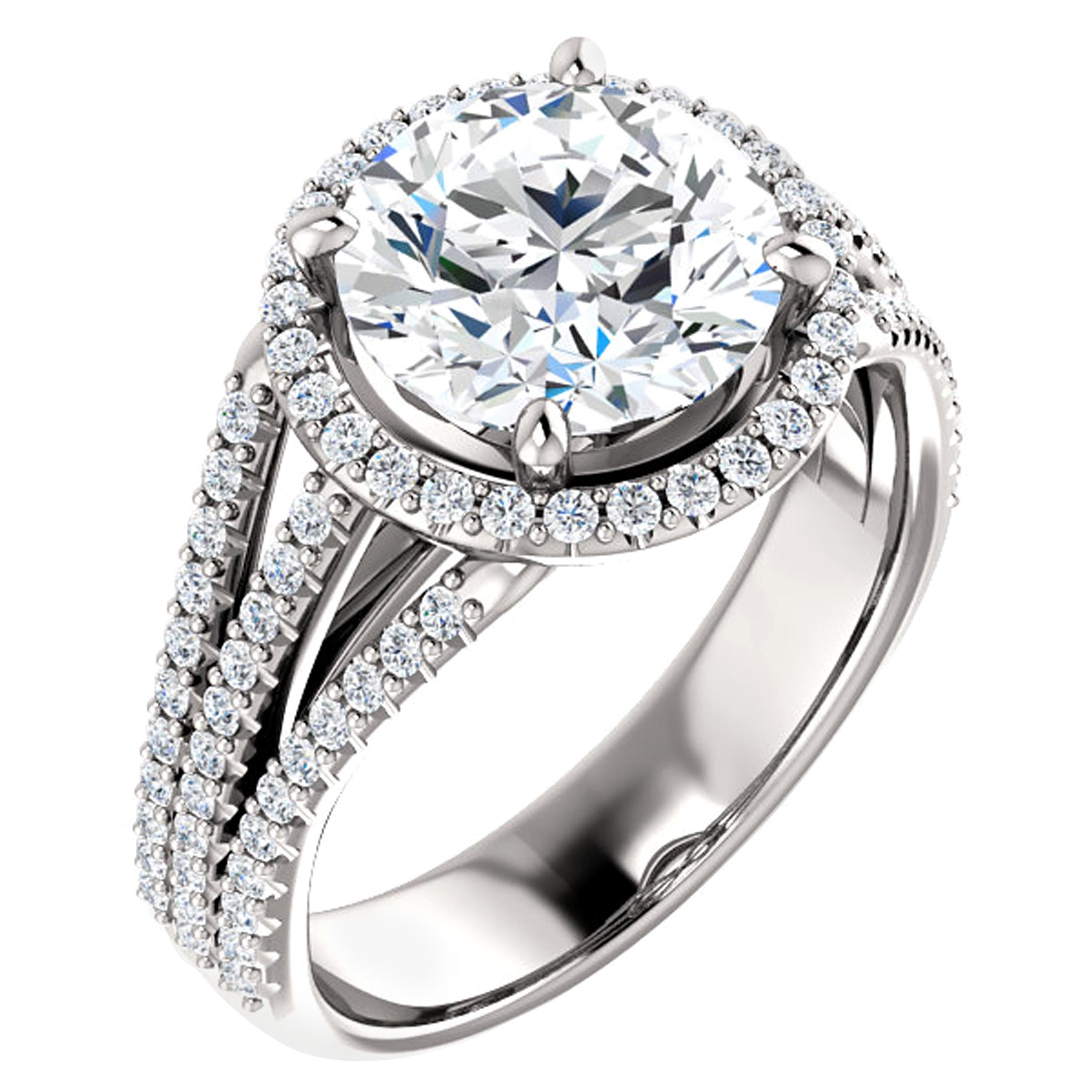 Halo Style Multi-Row Diamond Accented Round GIA Certified Engagement Ring For Sale