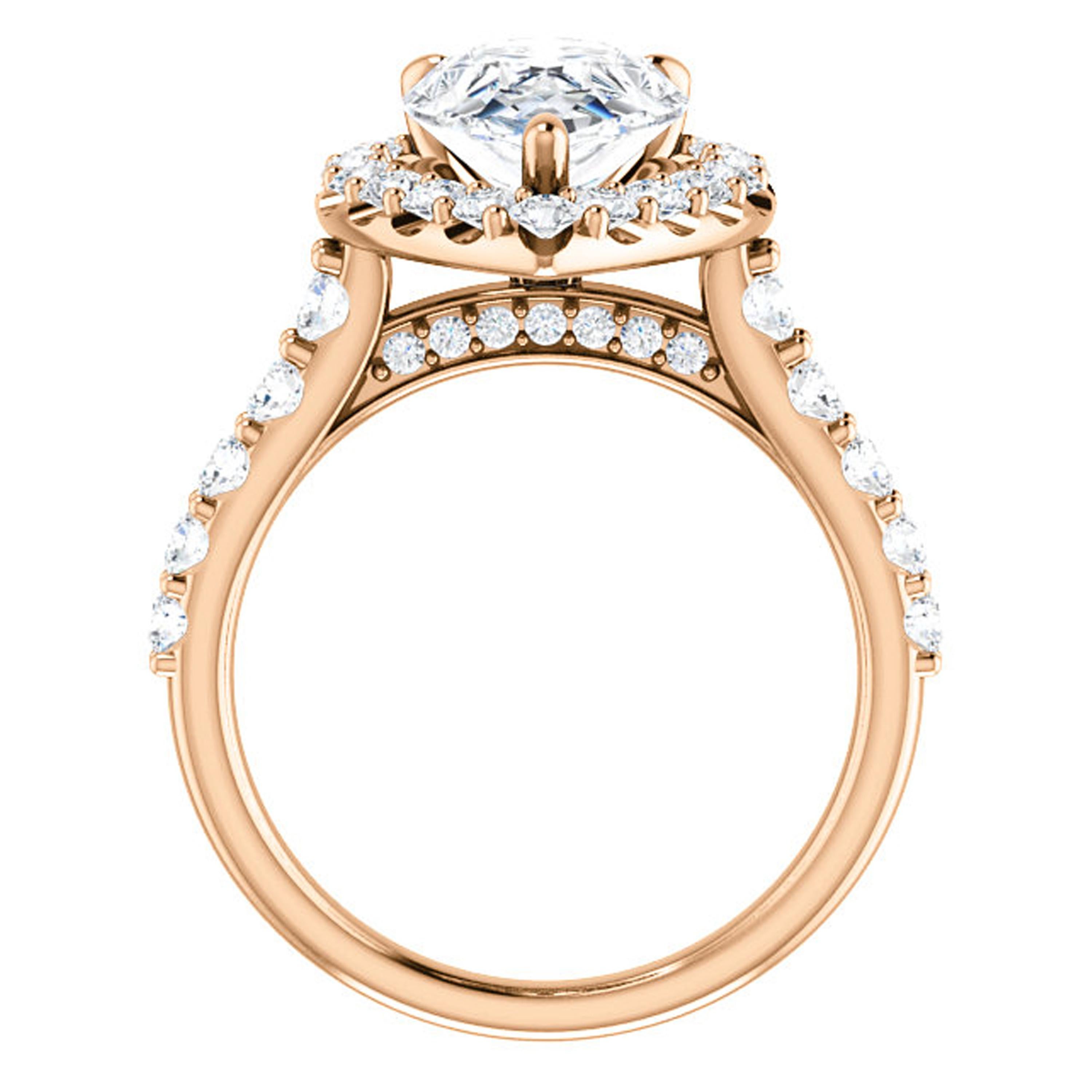 Flaunting romance and beautify with an eye-catching GIA certified pear shape natural diamond, this unique engagement ring features shimmering white diamonds surrounding the halo. Additional sparkling diamonds line the gallery and a high polish