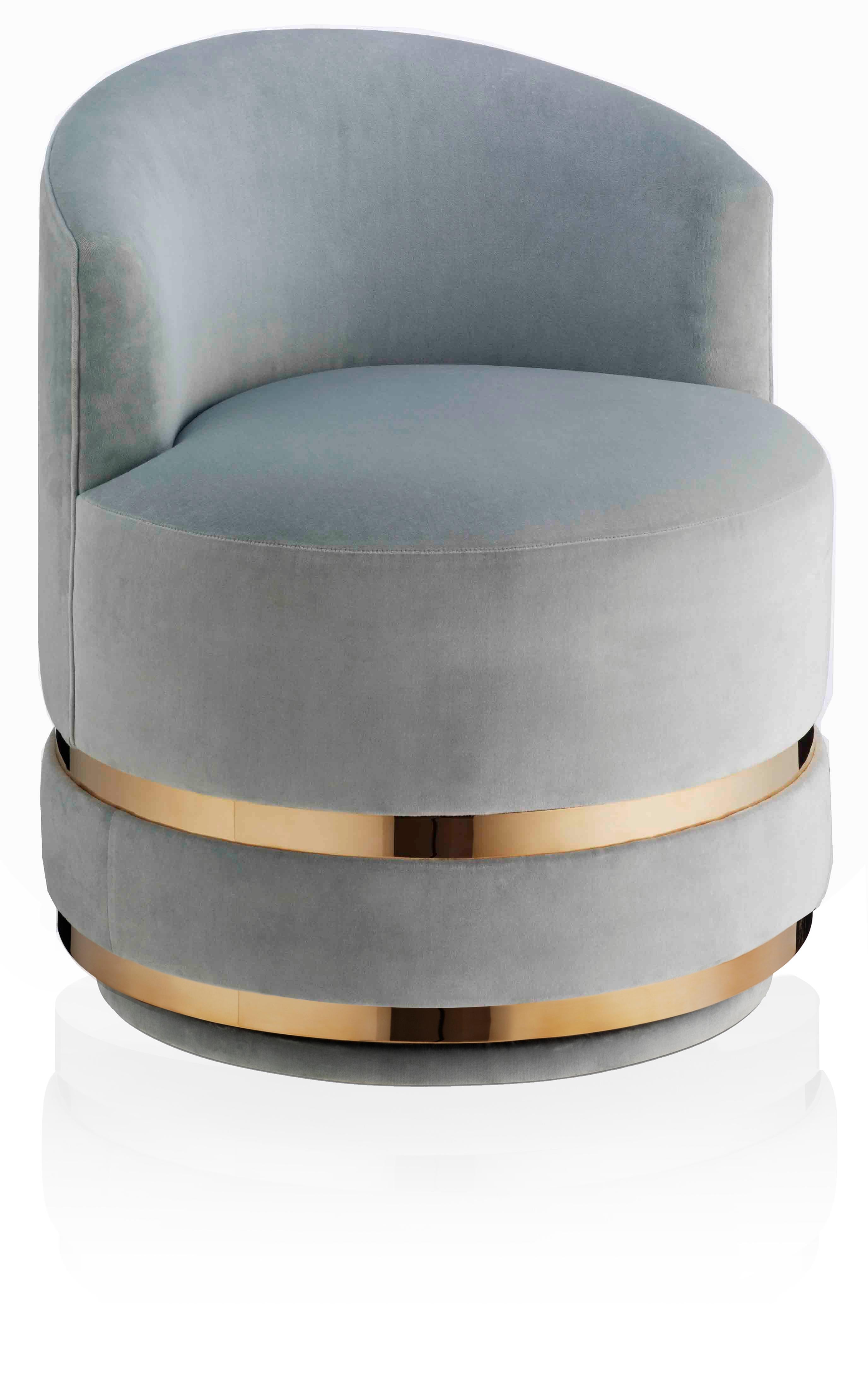 Elegantly sculpted with a contemporary silhouette, this swivel chair is perfect for the dressing room or bedroom.

The deep padded seat and back rest design is upholstered in a choice of rich fabrics and strikingly offset with a polished brass metal