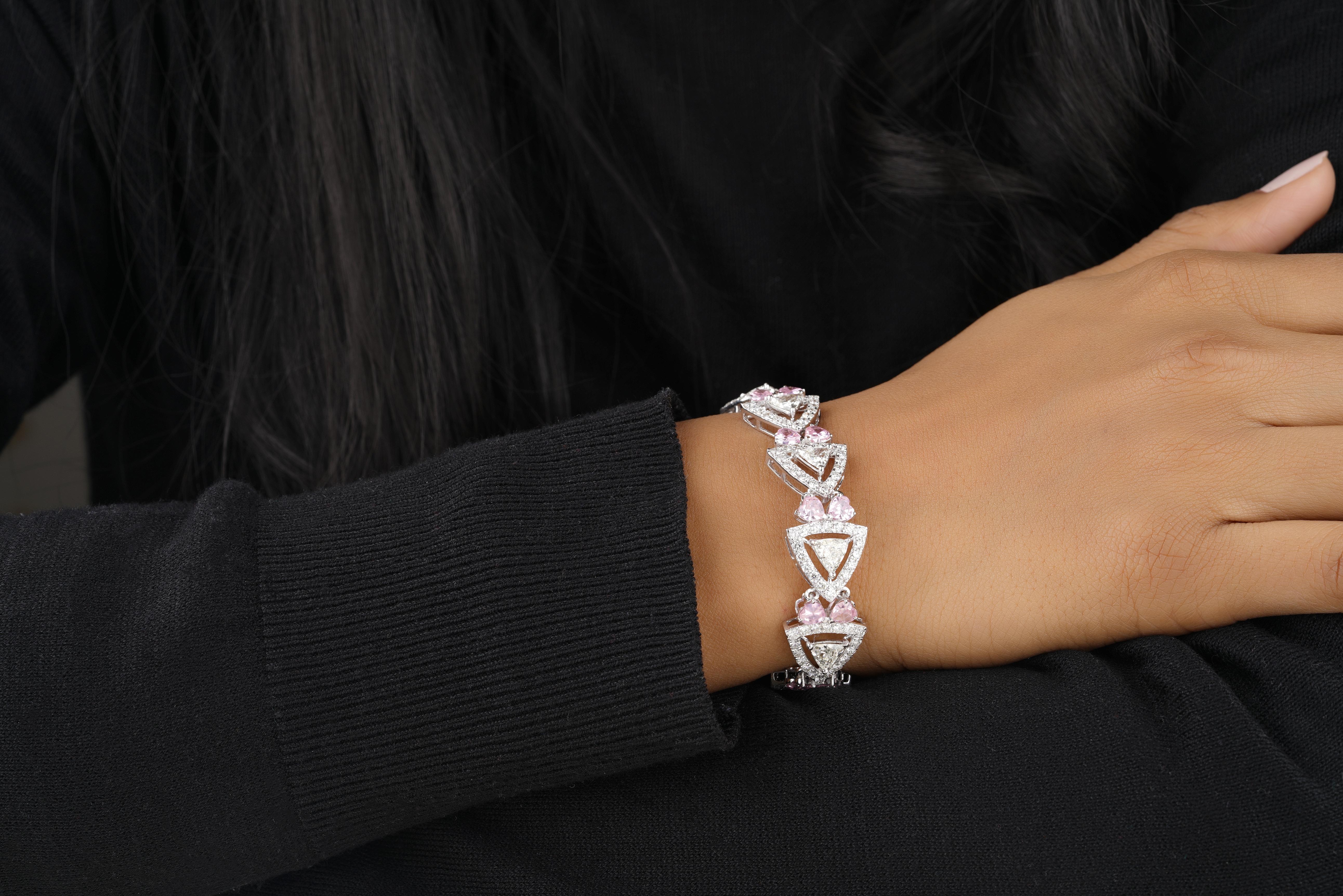 Trillion Cut Pink Tourmaline with Haloed Trillion Diamonds Bracelet in 18K Solid Gold For Sale
