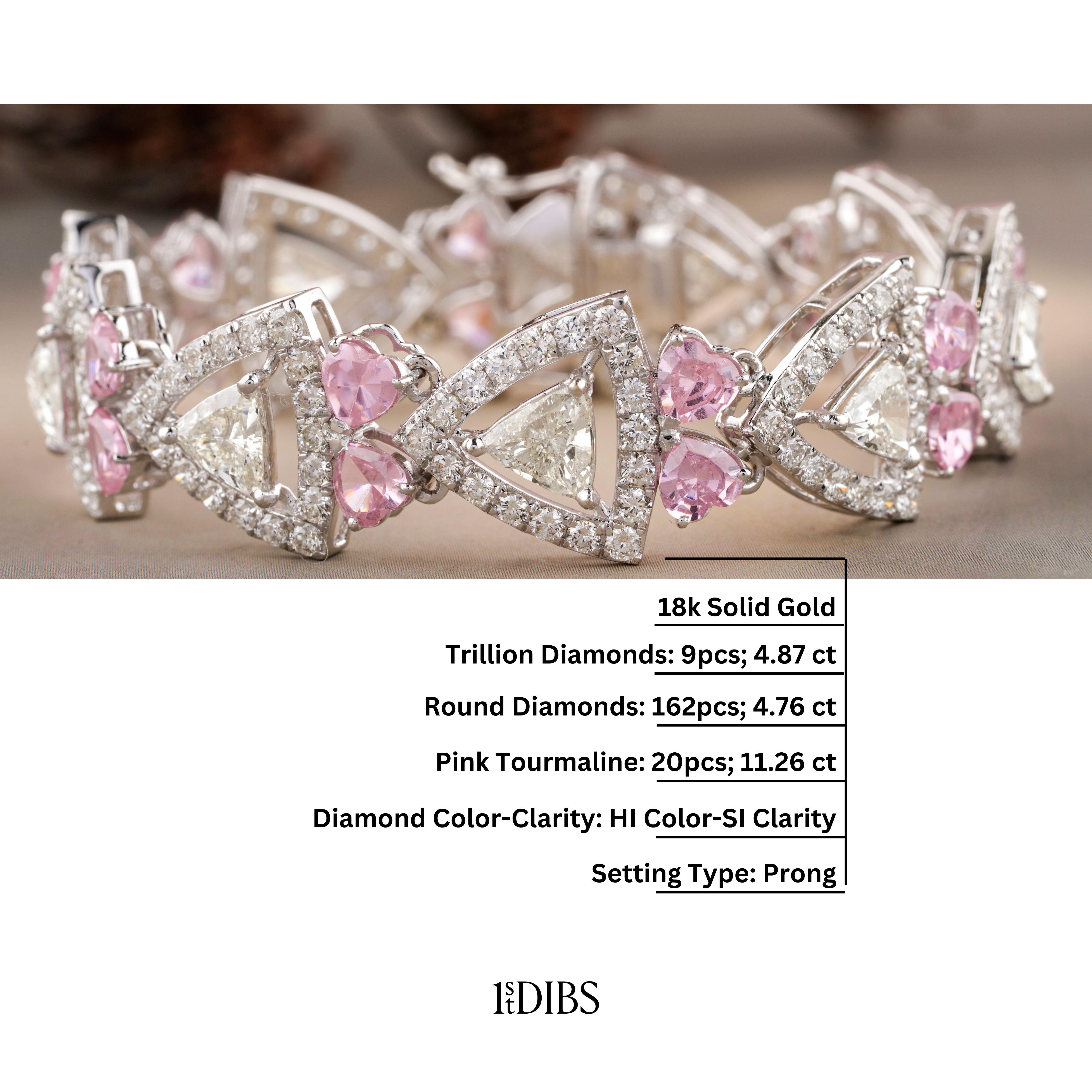 Women's Pink Tourmaline with Haloed Trillion Diamonds Bracelet in 18K Solid Gold For Sale