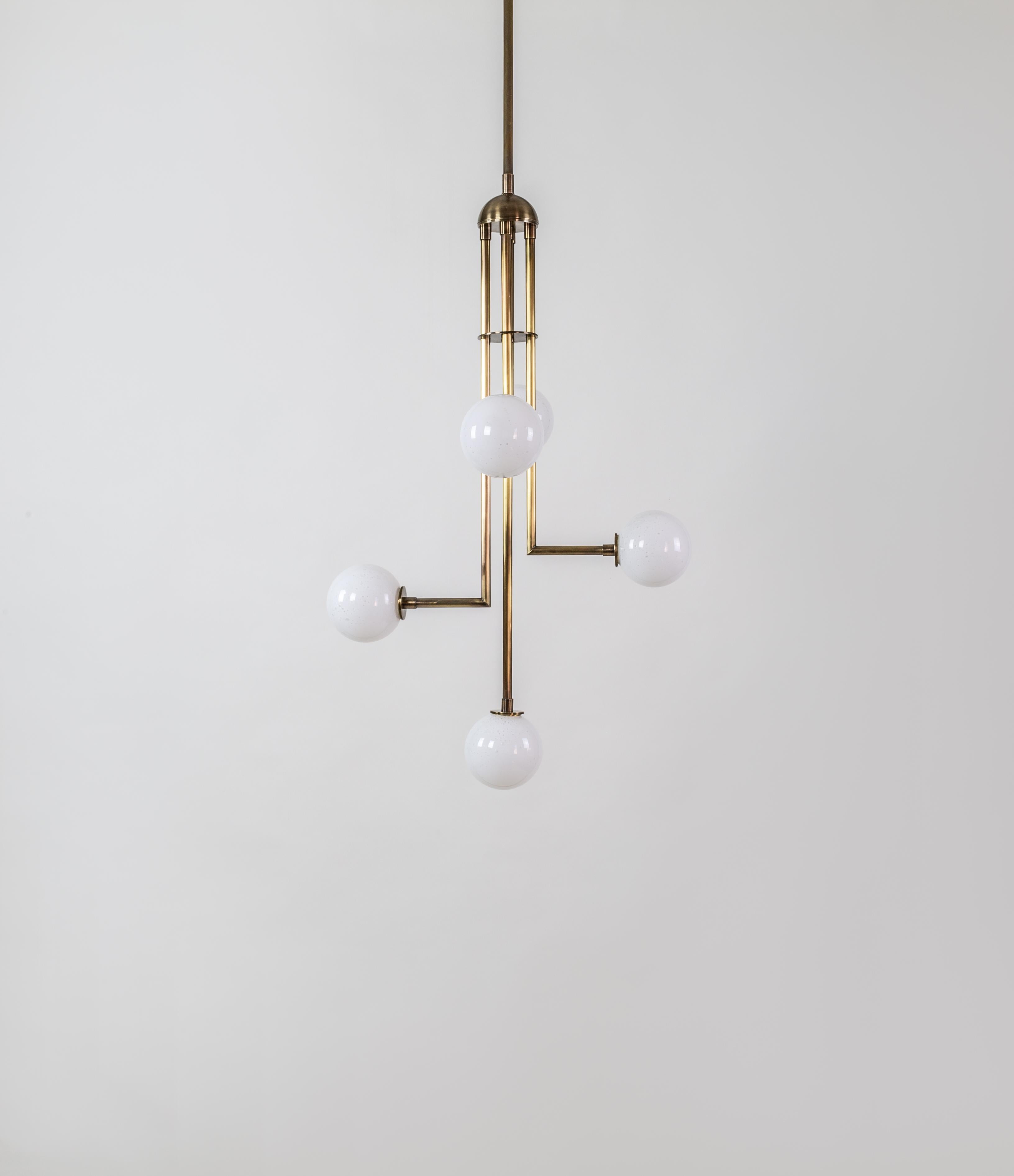 Brushed Halo V5, Brass, Hand Blown Glass, Contemporary Chandelier, Kalin Asenov For Sale