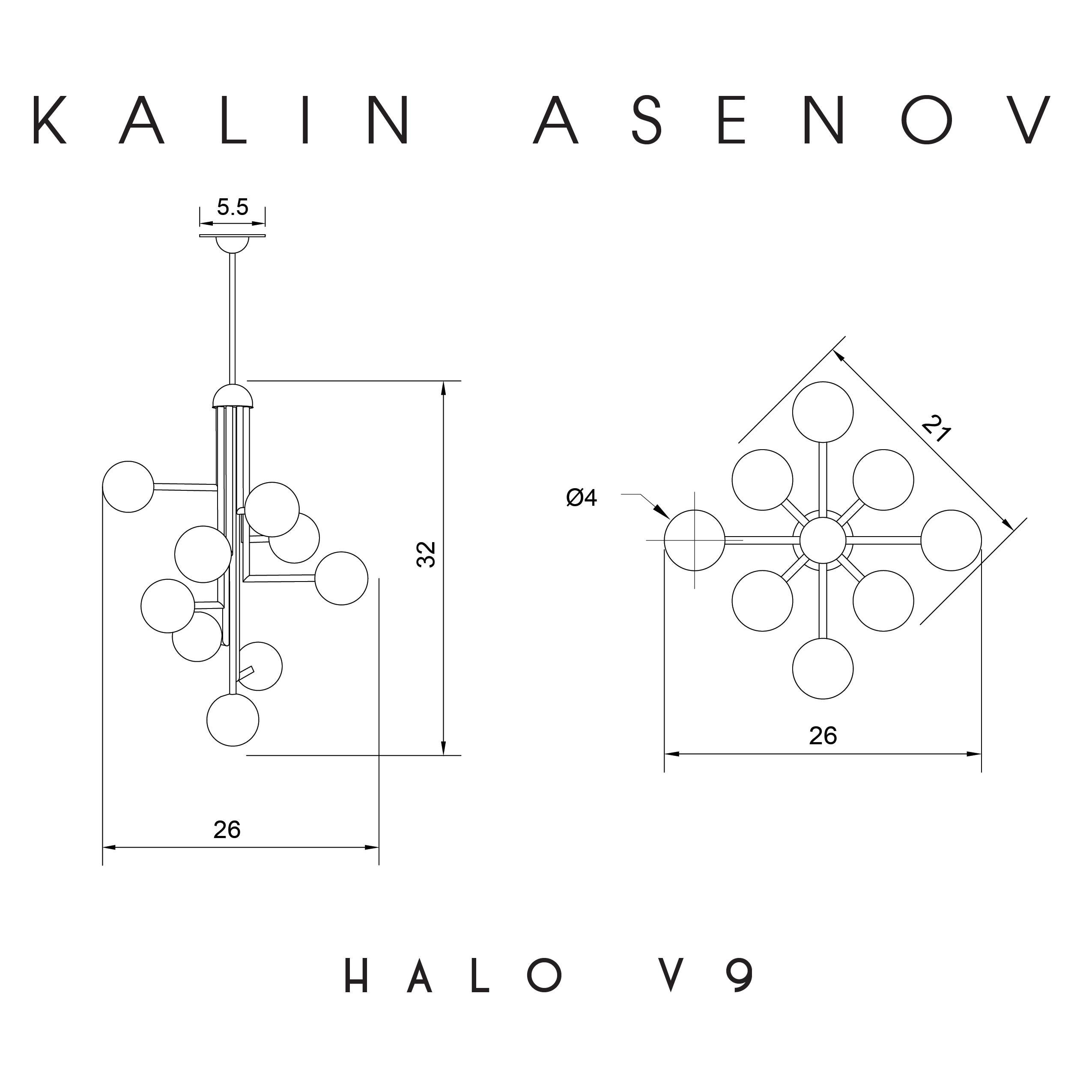 Halo V9, Brass, Hand Blown Glass, Contemporary Chandelier, Kalin Asenov For Sale 7