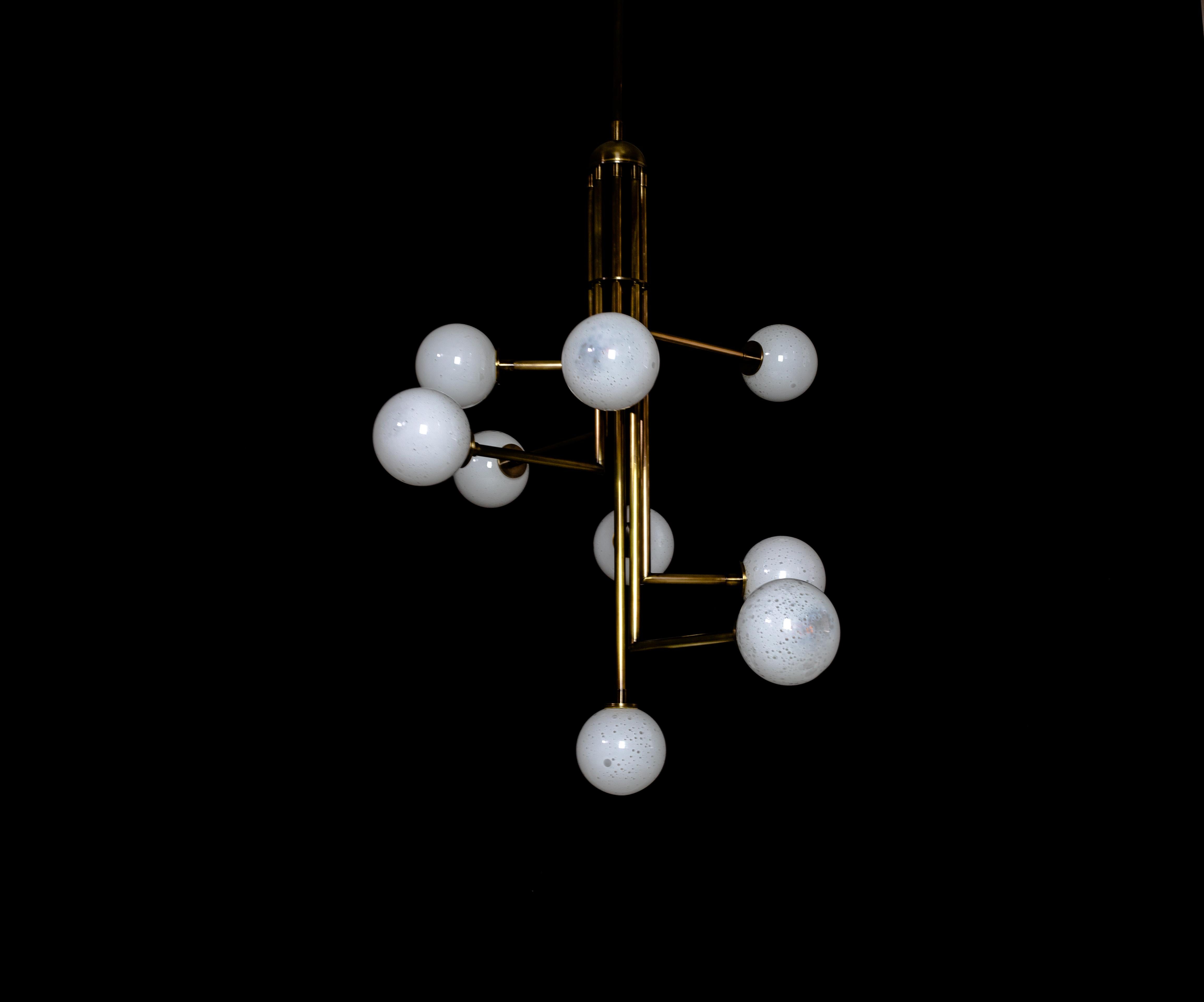Brushed Halo V9, Brass, Hand Blown Glass, Contemporary Chandelier, Kalin Asenov For Sale