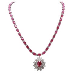 Halo Vintage Oval Cut Ruby Diamonds Necklace, Natural Ruby  