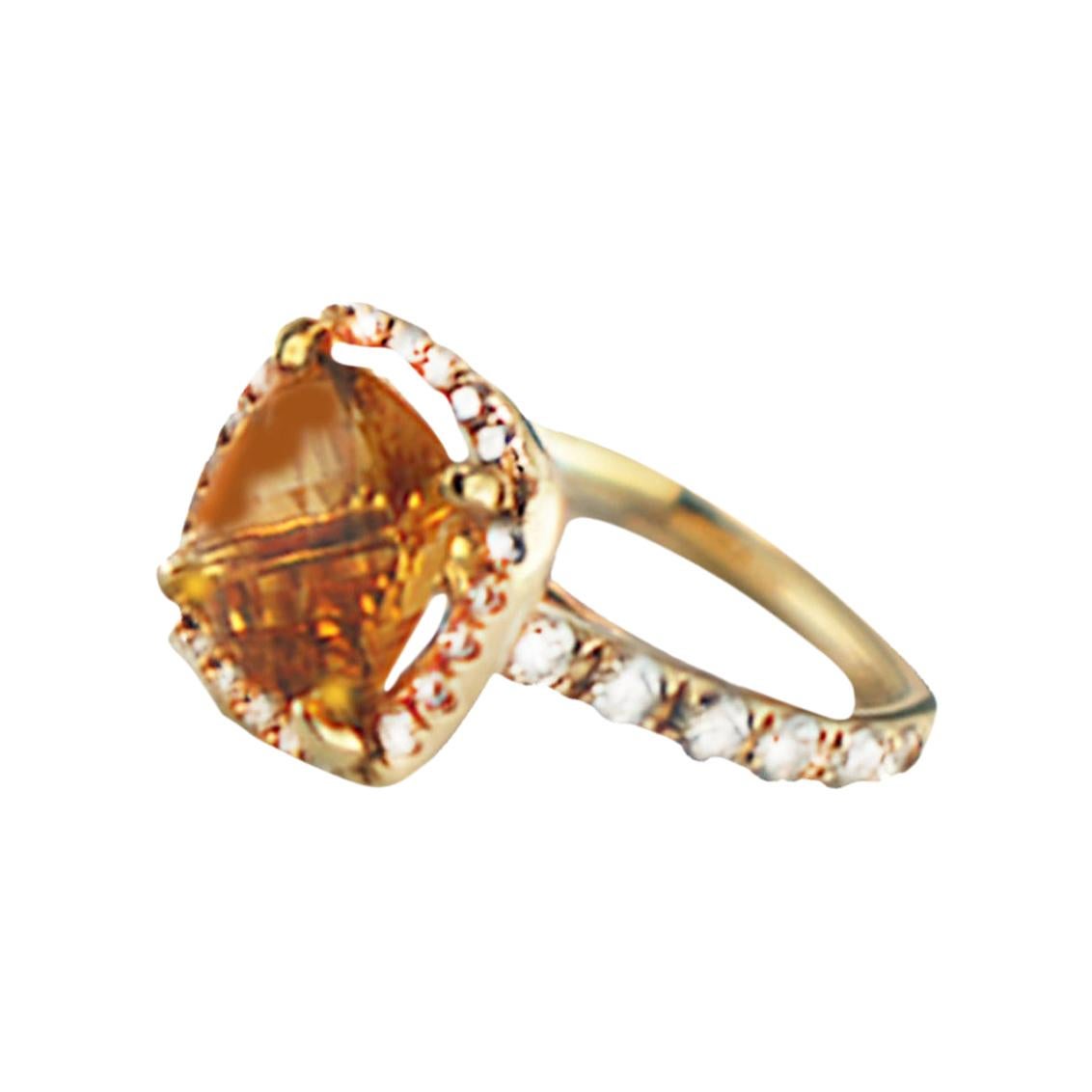 Halo Citrine and .95 Carat Diamond Ring Tapestry Cut 14 Karat Yellow Gold