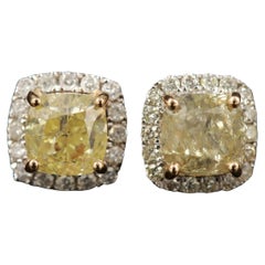 Halo Yellow Diamond Stud Earing, Yellow Diamonds Gold Earrings for Women