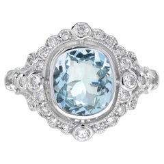 Halona Art Deco Style Cushion Aquamarine with Diamond Halo Engagement Ring