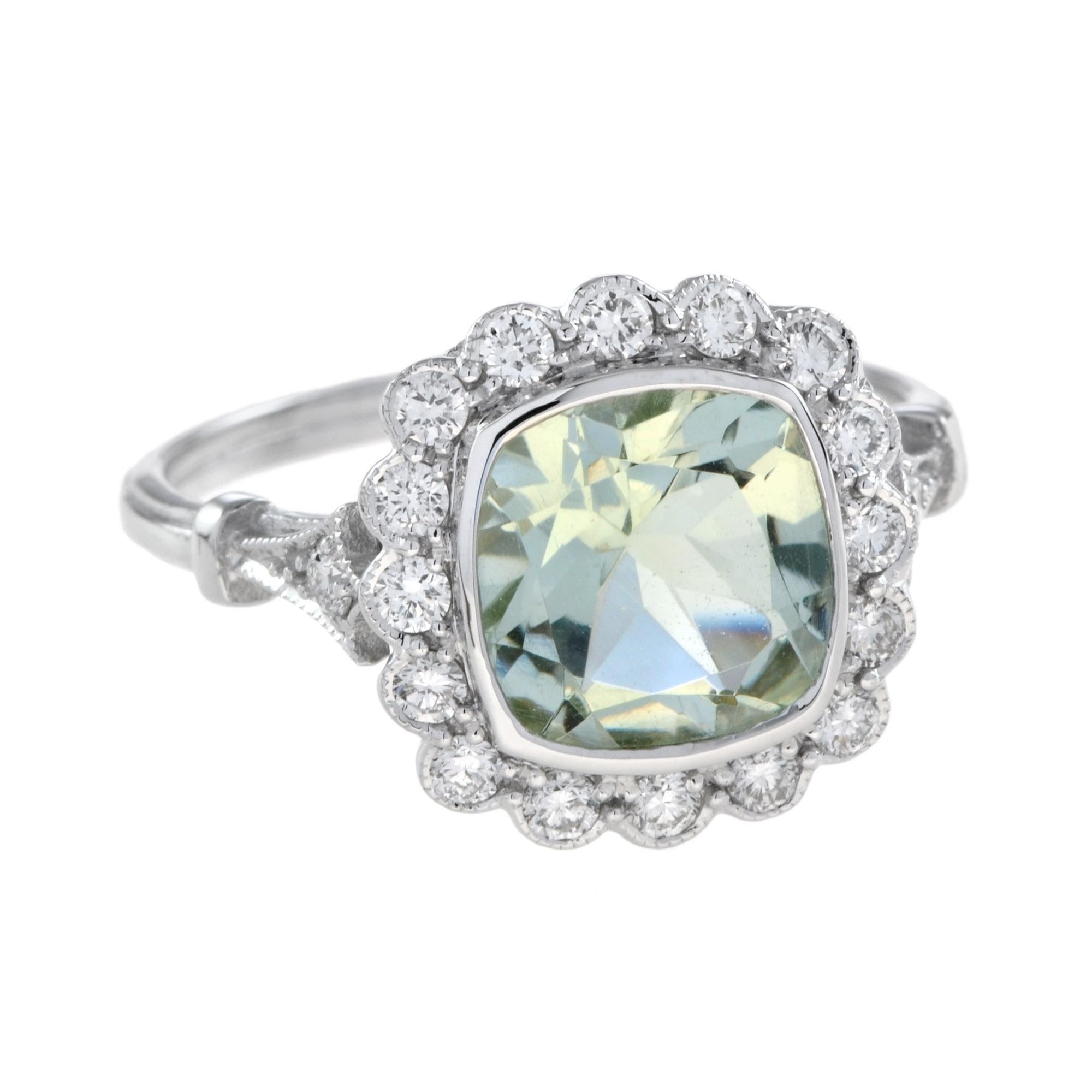 For Sale:  Halona Art Deco Style Cushion Green Amethyst with Diamond Engagement Ring 2