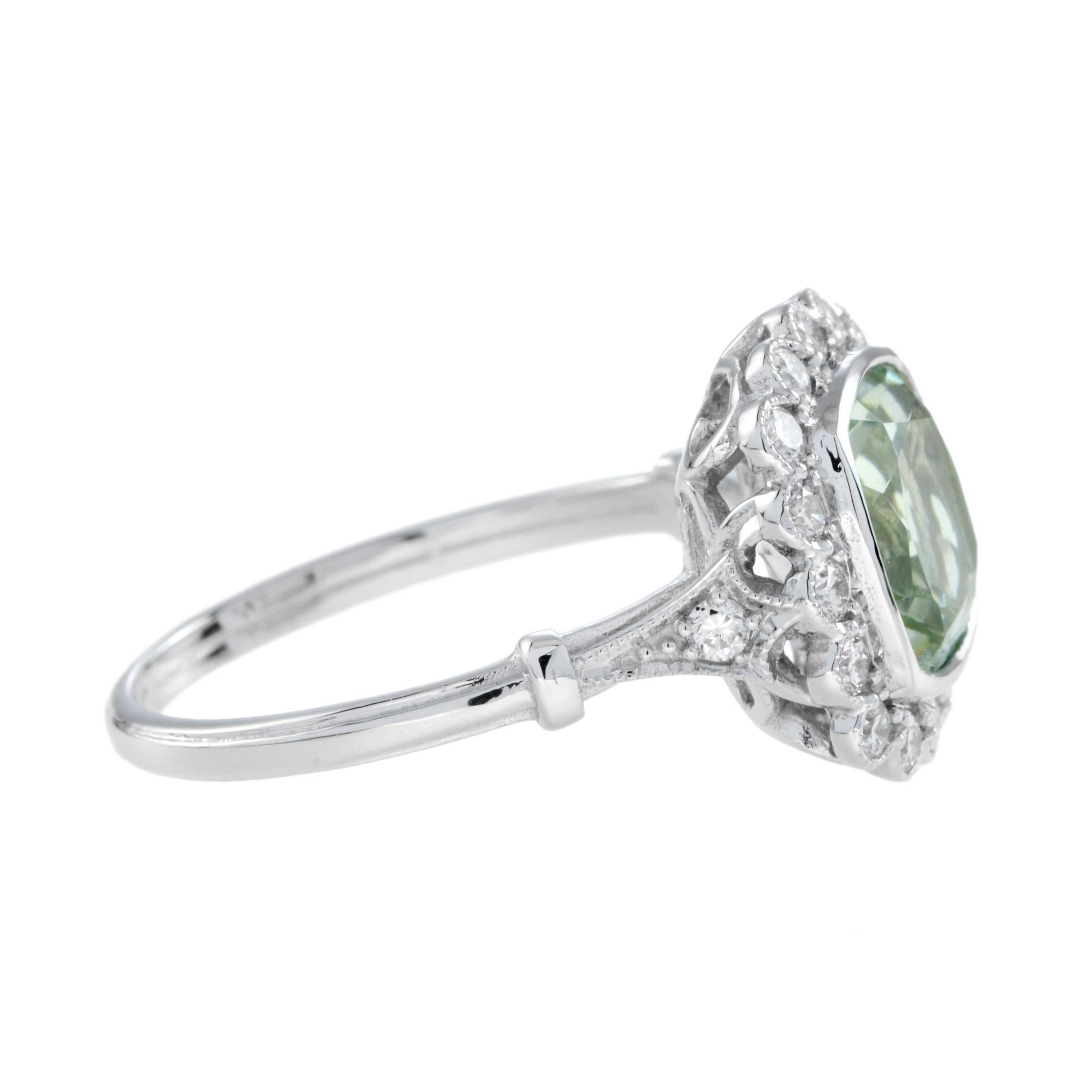 For Sale:  Halona Art Deco Style Cushion Green Amethyst with Diamond Engagement Ring 3