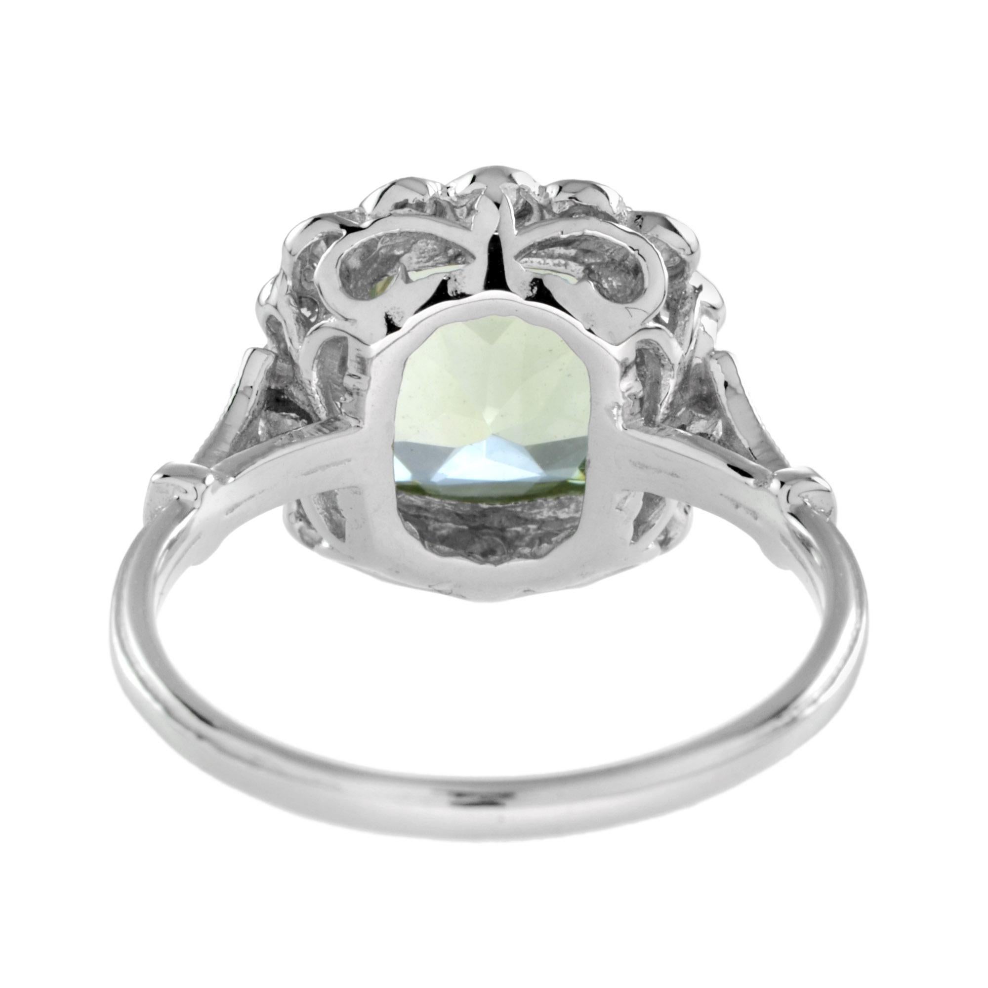 For Sale:  Halona Art Deco Style Cushion Green Amethyst with Diamond Engagement Ring 4