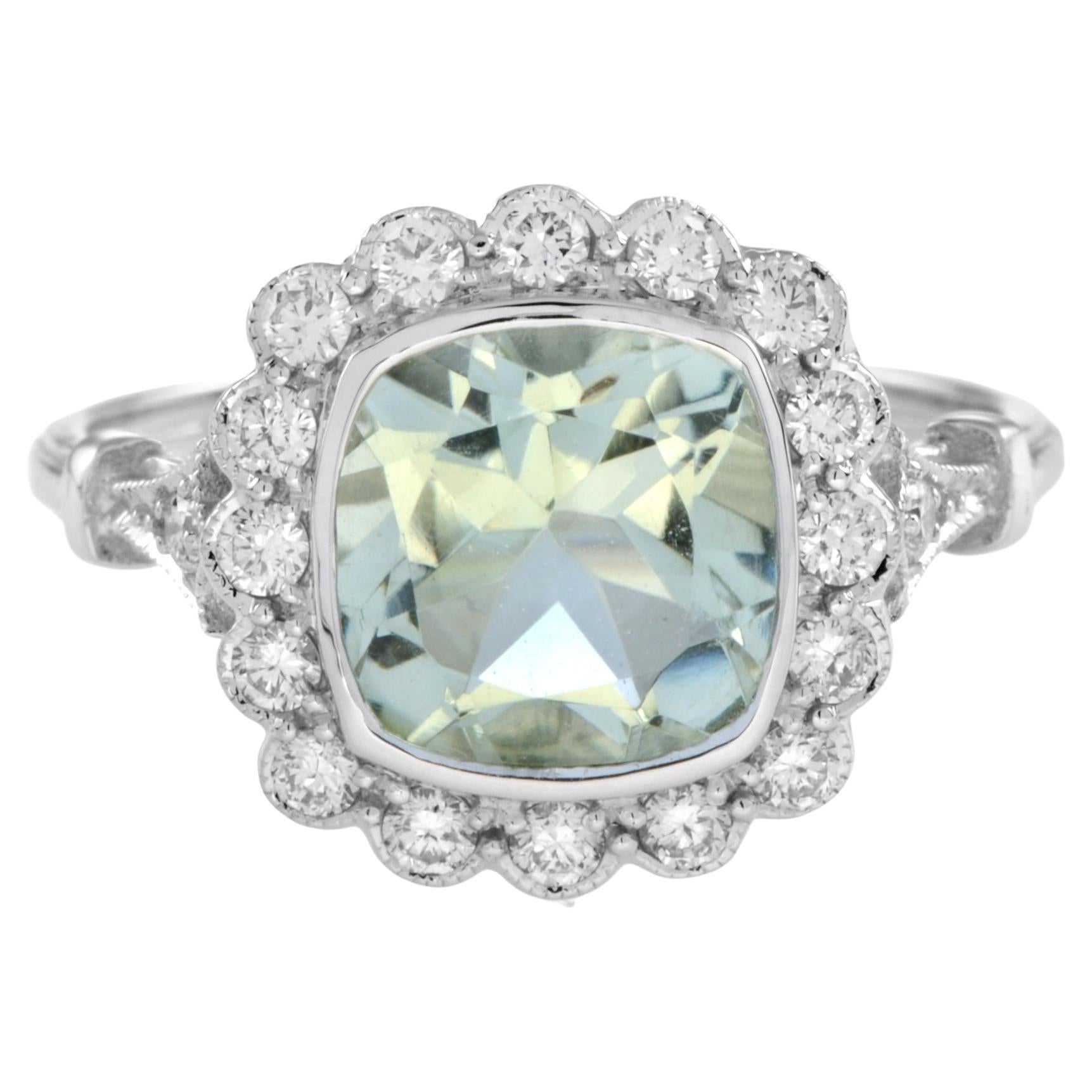 Halona Art Deco Style Cushion Green Amethyst with Diamond Engagement Ring
