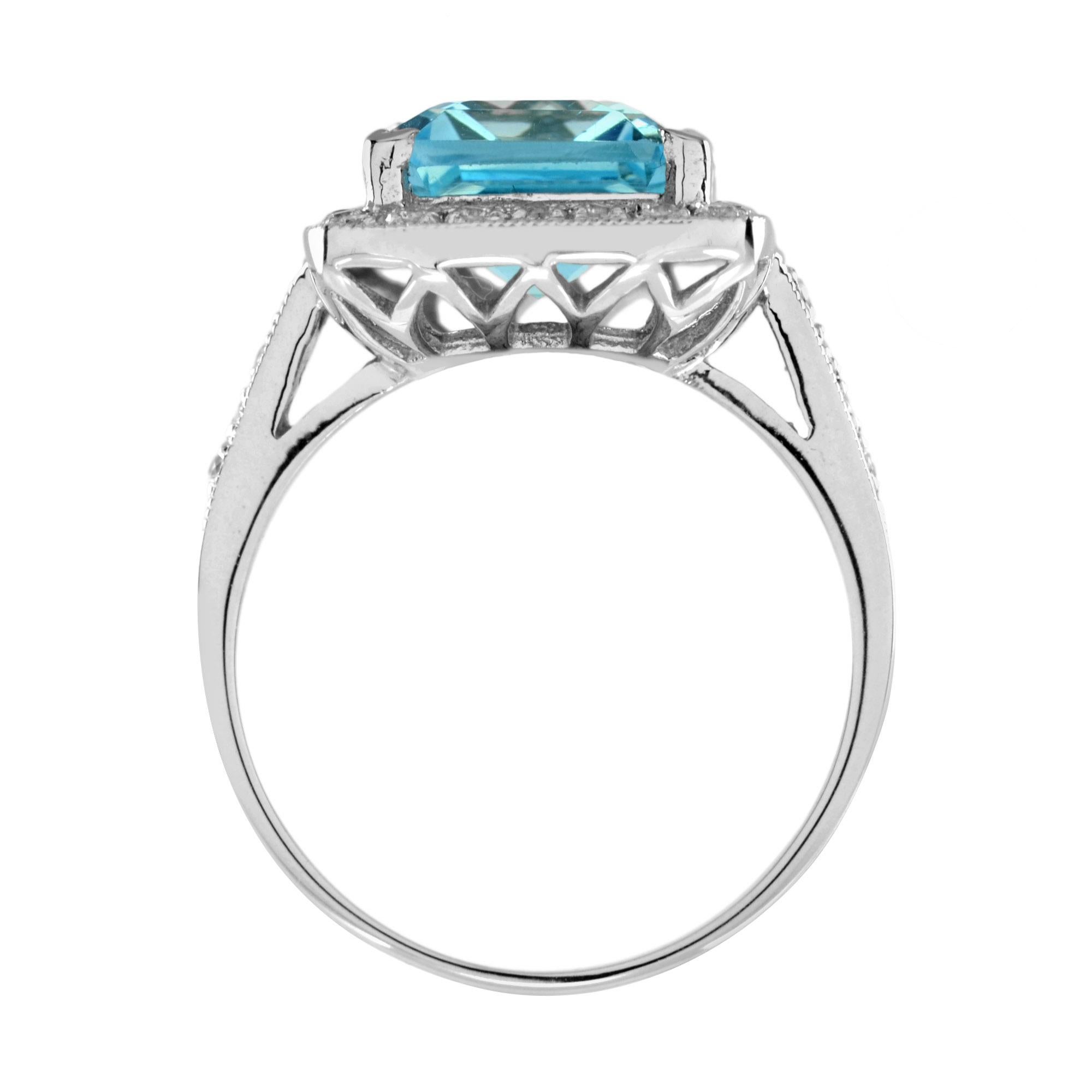 En vente :  Bague de fiançailles Halona de style Art déco avec topaze bleue taille émeraude et diamants 5