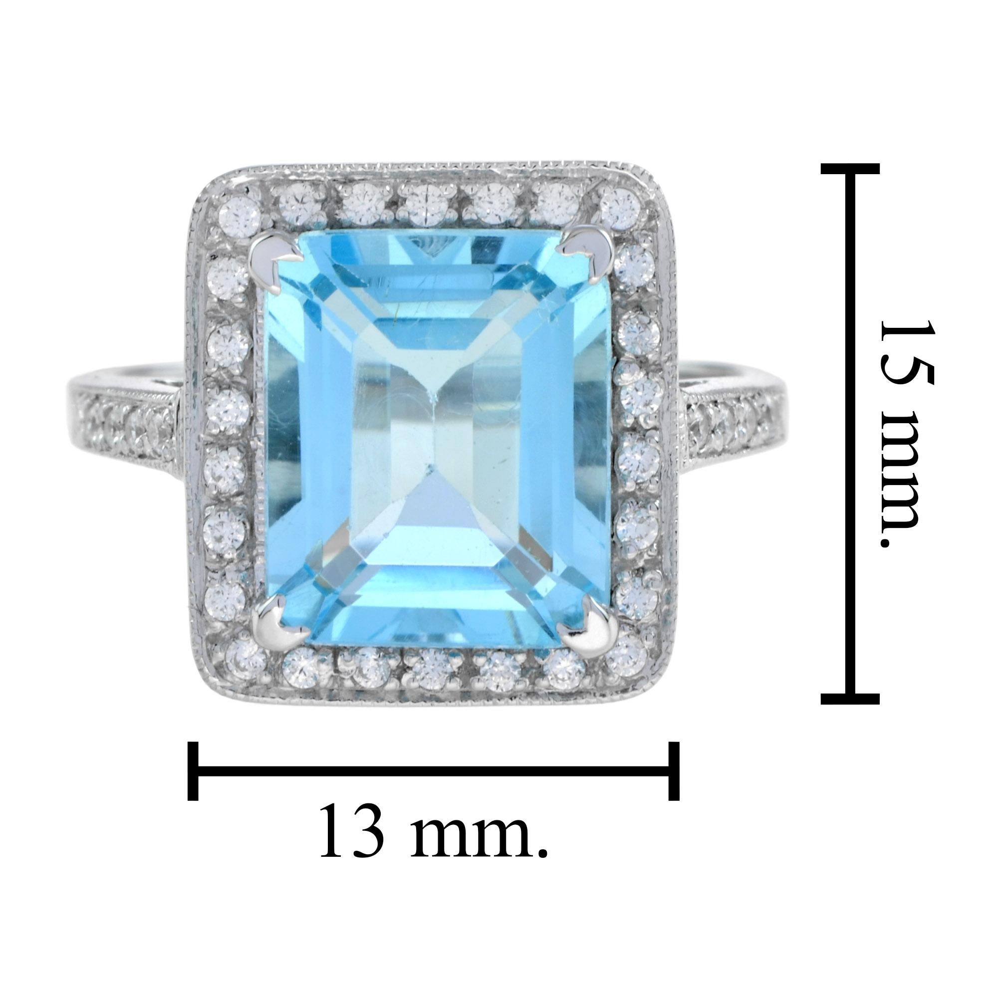 En vente :  Bague de fiançailles Halona de style Art déco avec topaze bleue taille émeraude et diamants 6