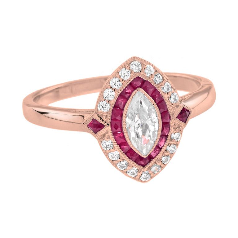 For Sale:  Halona Art Deco Style Marquise Diamond and Ruby Engagement Ring in 18K Rose Gold 3