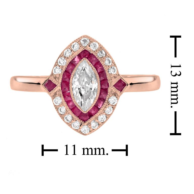 For Sale:  Halona Art Deco Style Marquise Diamond and Ruby Engagement Ring in 18K Rose Gold 7