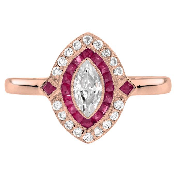 Bague de fiançailles Halona de style Art déco en or rose 18 carats avec diamant marquise et rubis