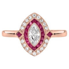 Halona Art Deco Style Marquise Diamond and Ruby Engagement Ring in 18K Rose Gold