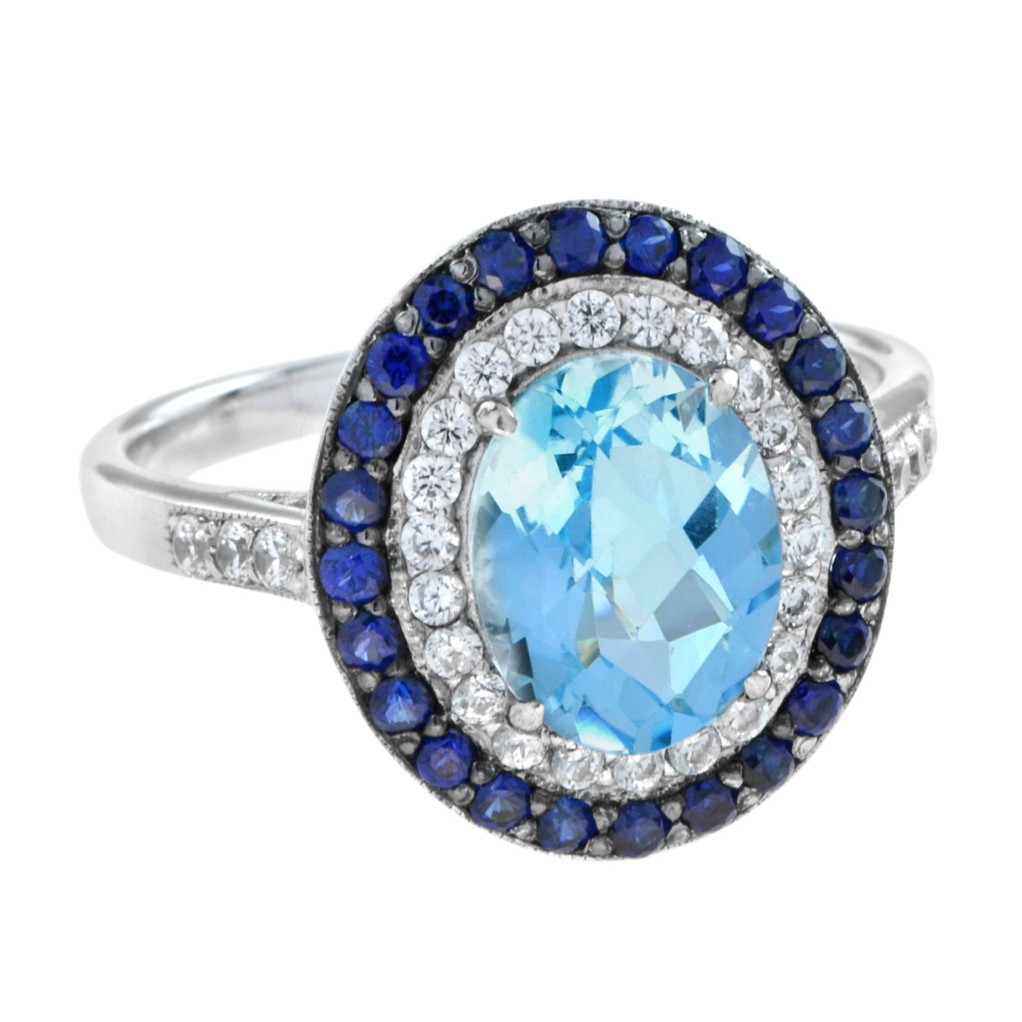 En vente :  Bague de style Art déco en or 18 carats avec topaze bleue ovale, saphirs et diamants 3
