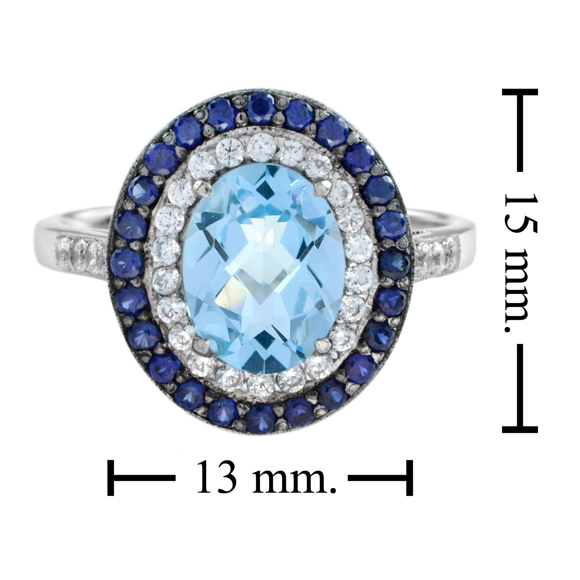 En vente :  Bague de style Art déco en or 18 carats avec topaze bleue ovale, saphirs et diamants 7
