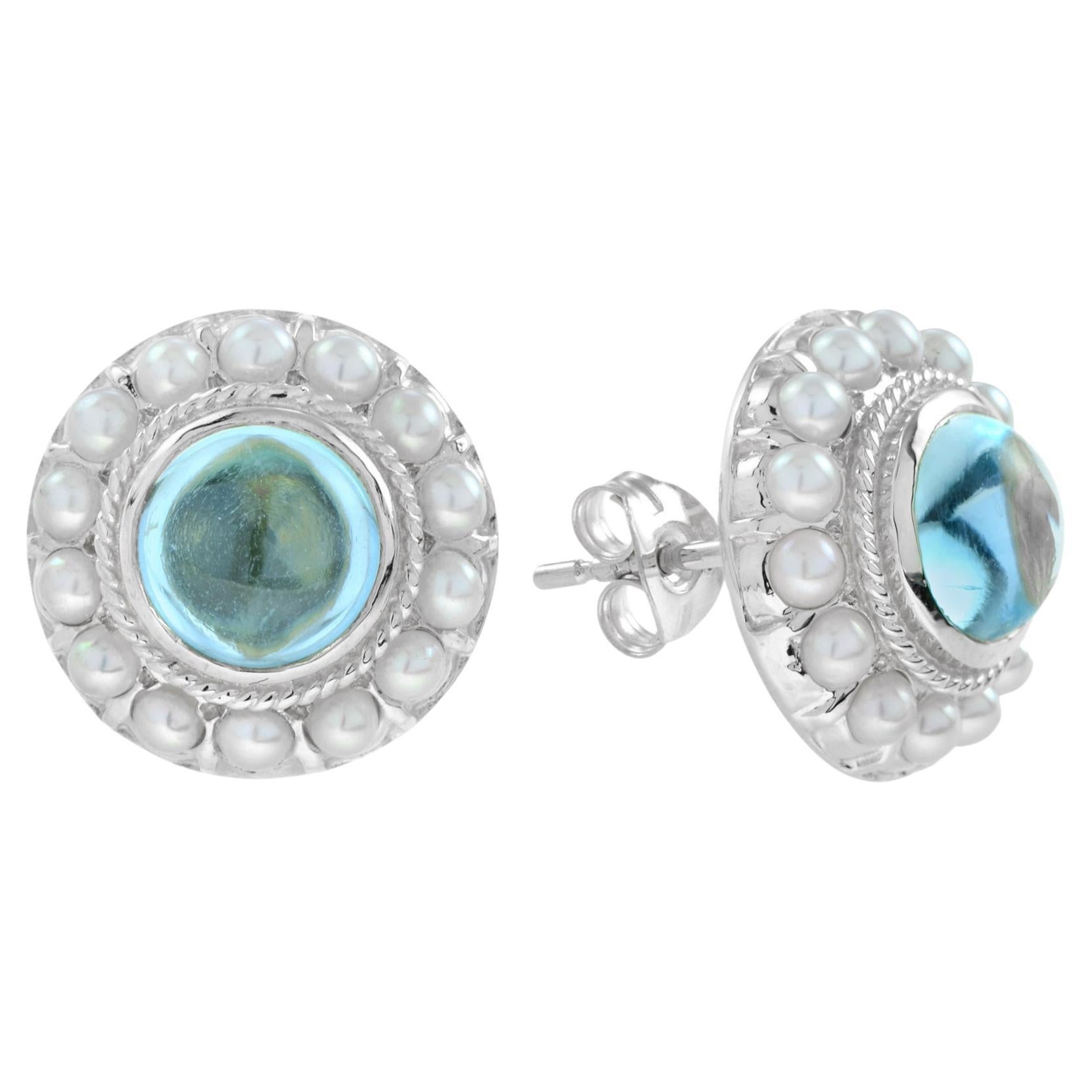 Cabochon Blue Topaz and Pearl Halo Stud Earrings in 14K White Gold
