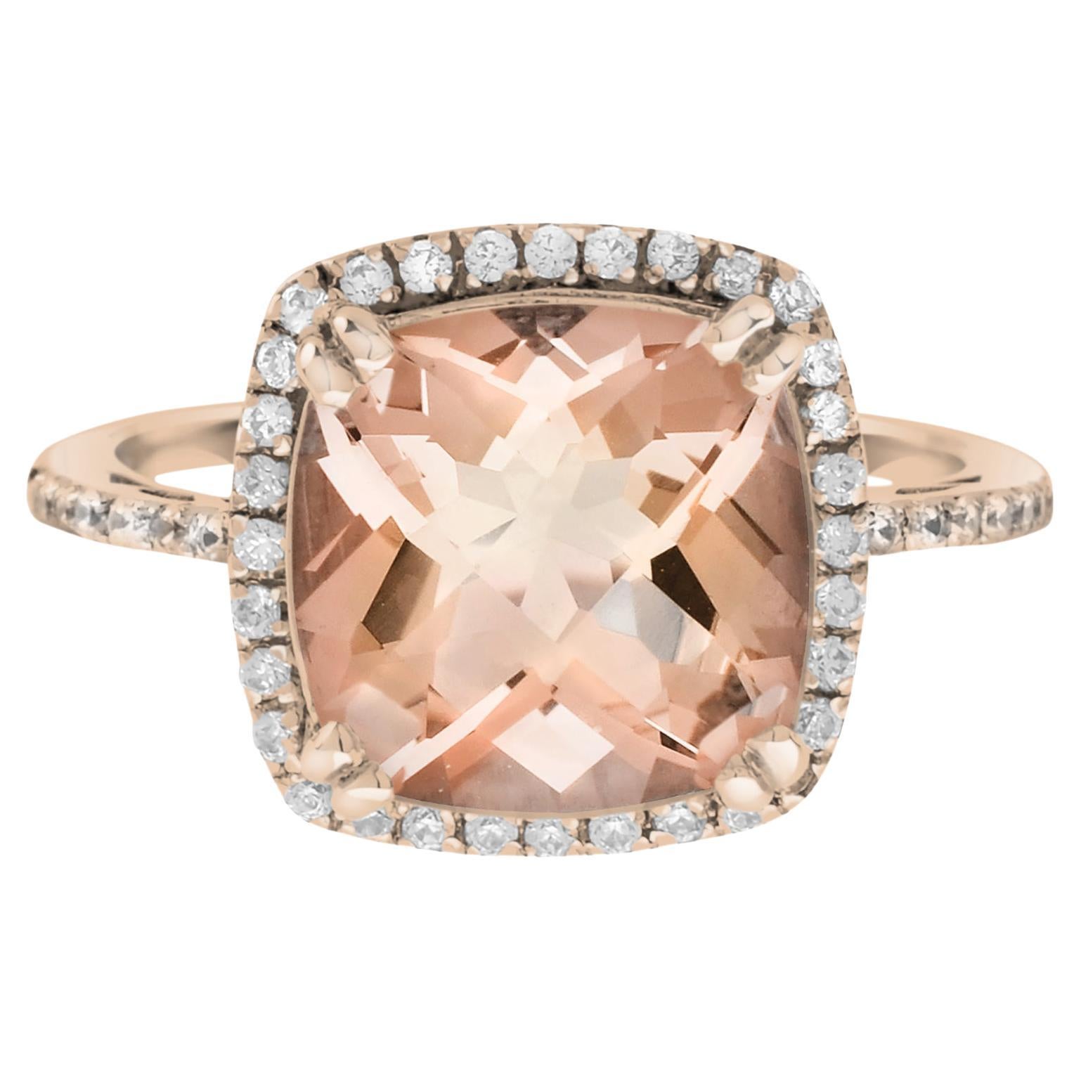 For Sale:  Classic Cushion Morganite with Diamond Engagement Ring in 18K Rose Gold