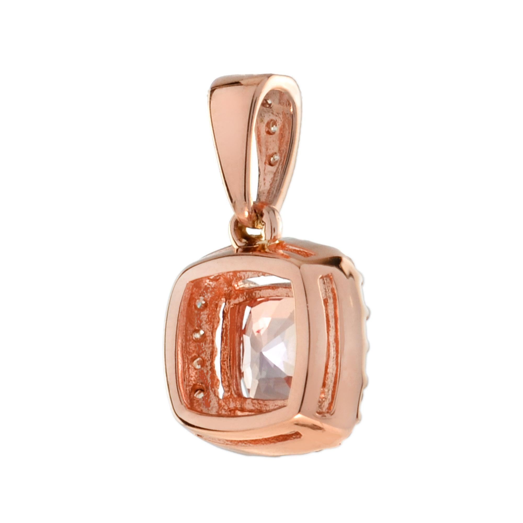 Cushion Cut Cushion Shaped Morganite and Diamond Halo Pendant in 14K Rose Gold For Sale