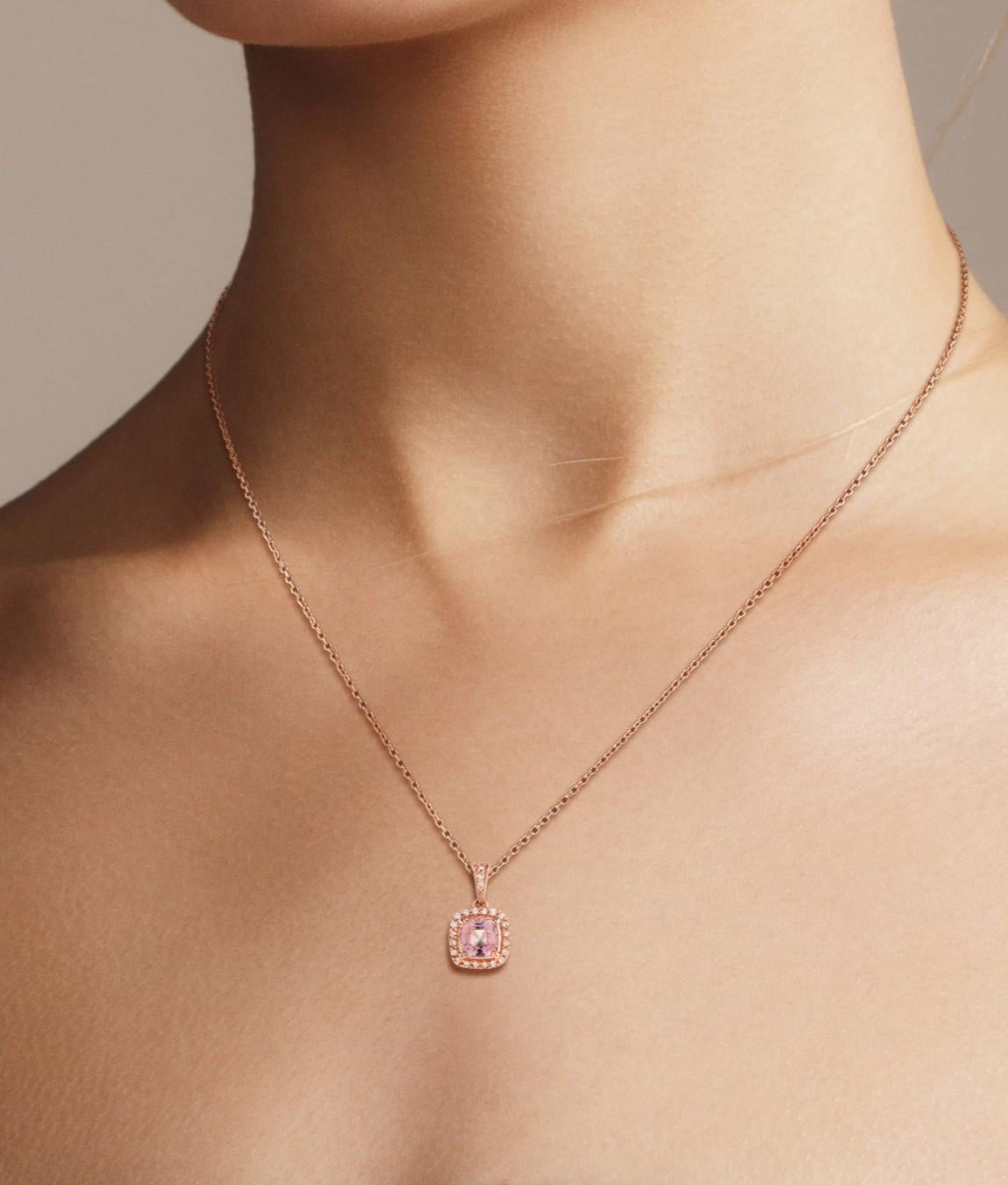 Women's Cushion Shaped Morganite and Diamond Halo Pendant in 14K Rose Gold For Sale