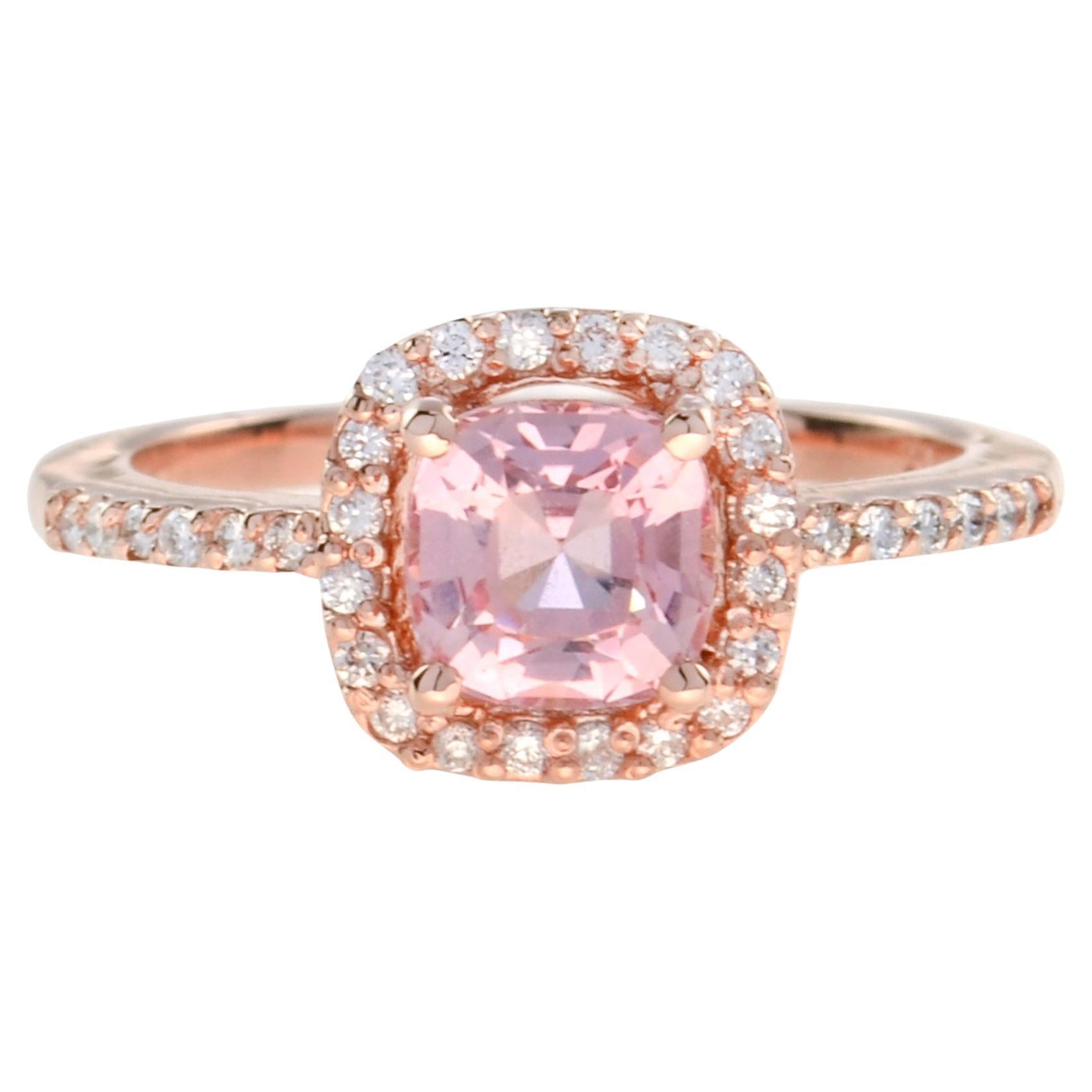 For Sale:  Halona Cushion Morganite and Diamond Halo Ring in 14K Rose Gold