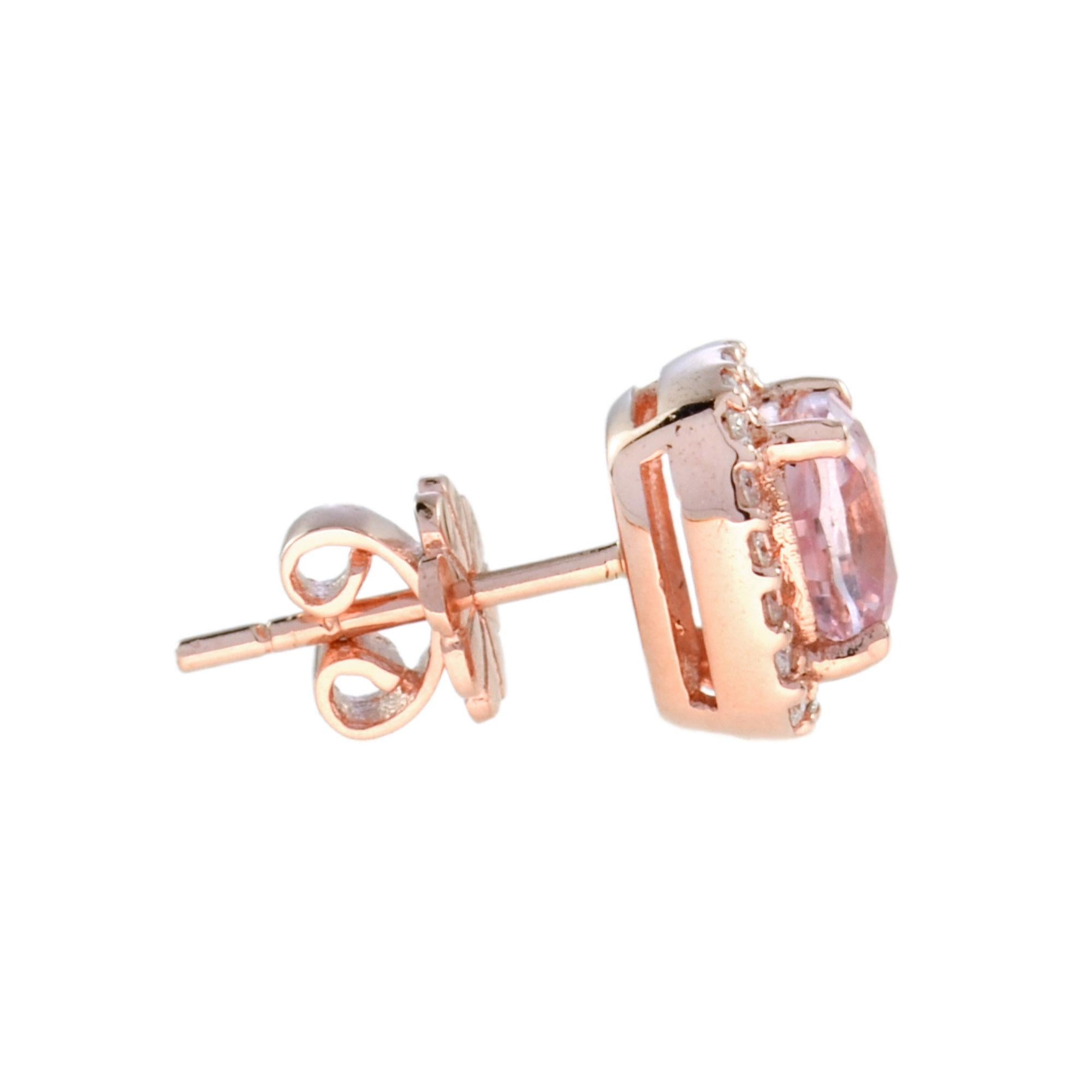 This gorgeous 14k rose gold halo earrings feature a 1.50 carat cushion-cut morganite (each)  surrounded by a halo of tiny diamonds. An effortless upgrade to your accessary wardrobe. Wear it with our same design ring and pendant for your perfect