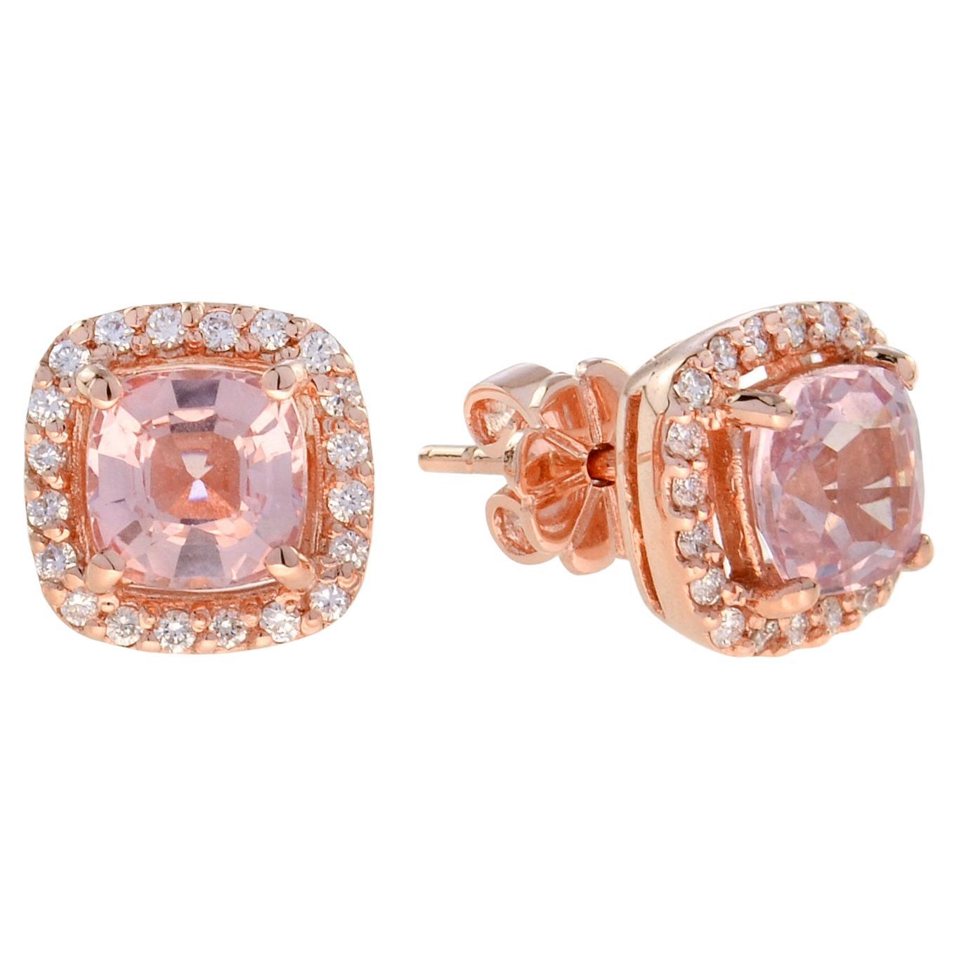 Halona Cushion Morganite and Diamond Stud Earrings in 14K Rose Gold For Sale