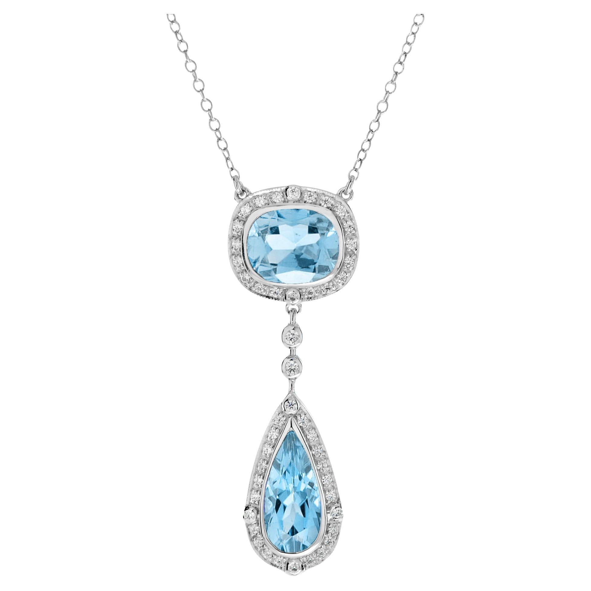 Drop and Cushion Blue Topaz Diamond Halo Necklace in 18K White Gold