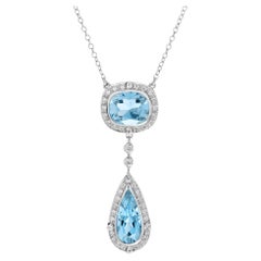 Drop and Cushion Blue Topaz Diamond Halo Necklace in 18K White Gold