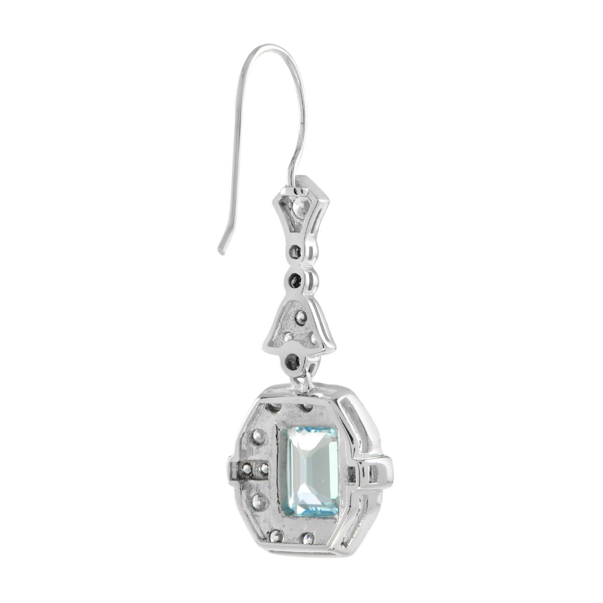 Emerald Cut Blue Topaz with Diamond Drop Earrings in 14K White Gold In New Condition For Sale In Bangkok, TH