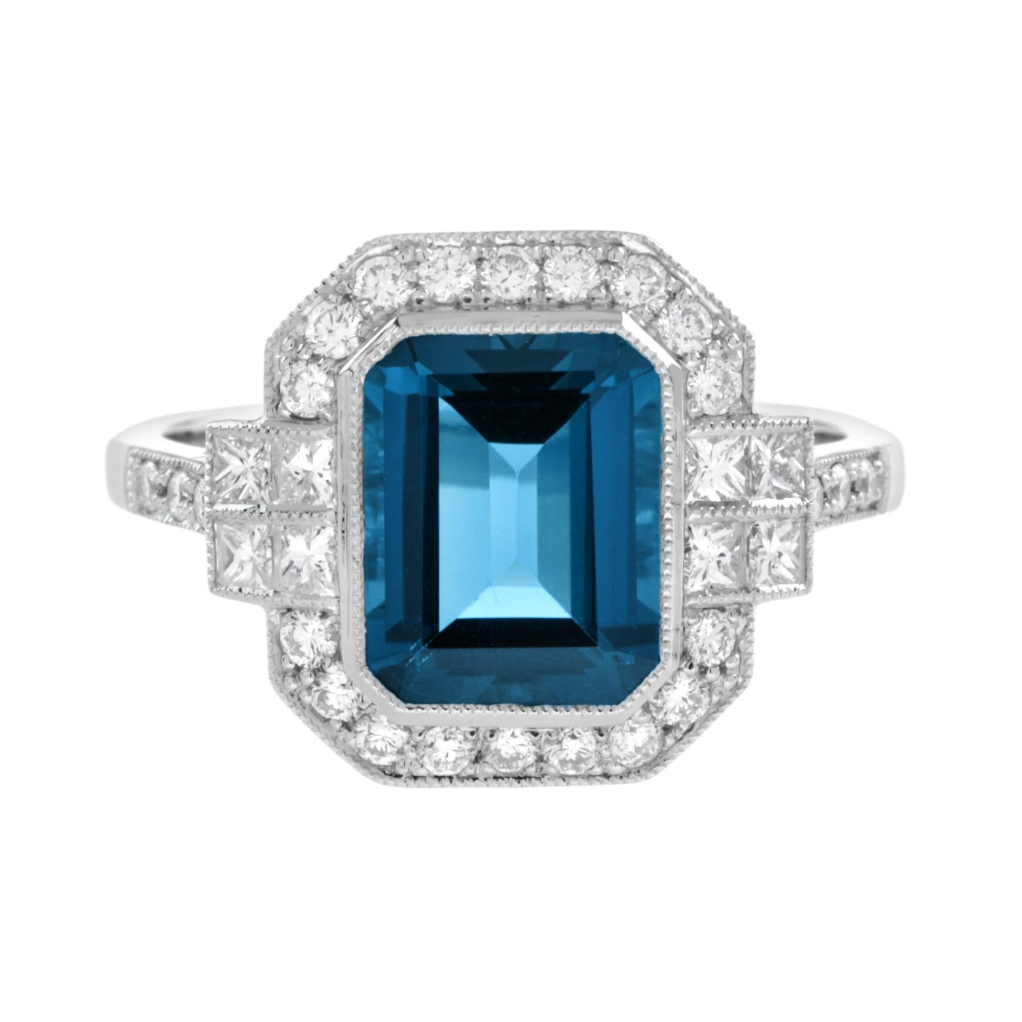 For Sale:  Emerald Cut London Blue Topaz with Diamond Engagement Ring in Platinum 3