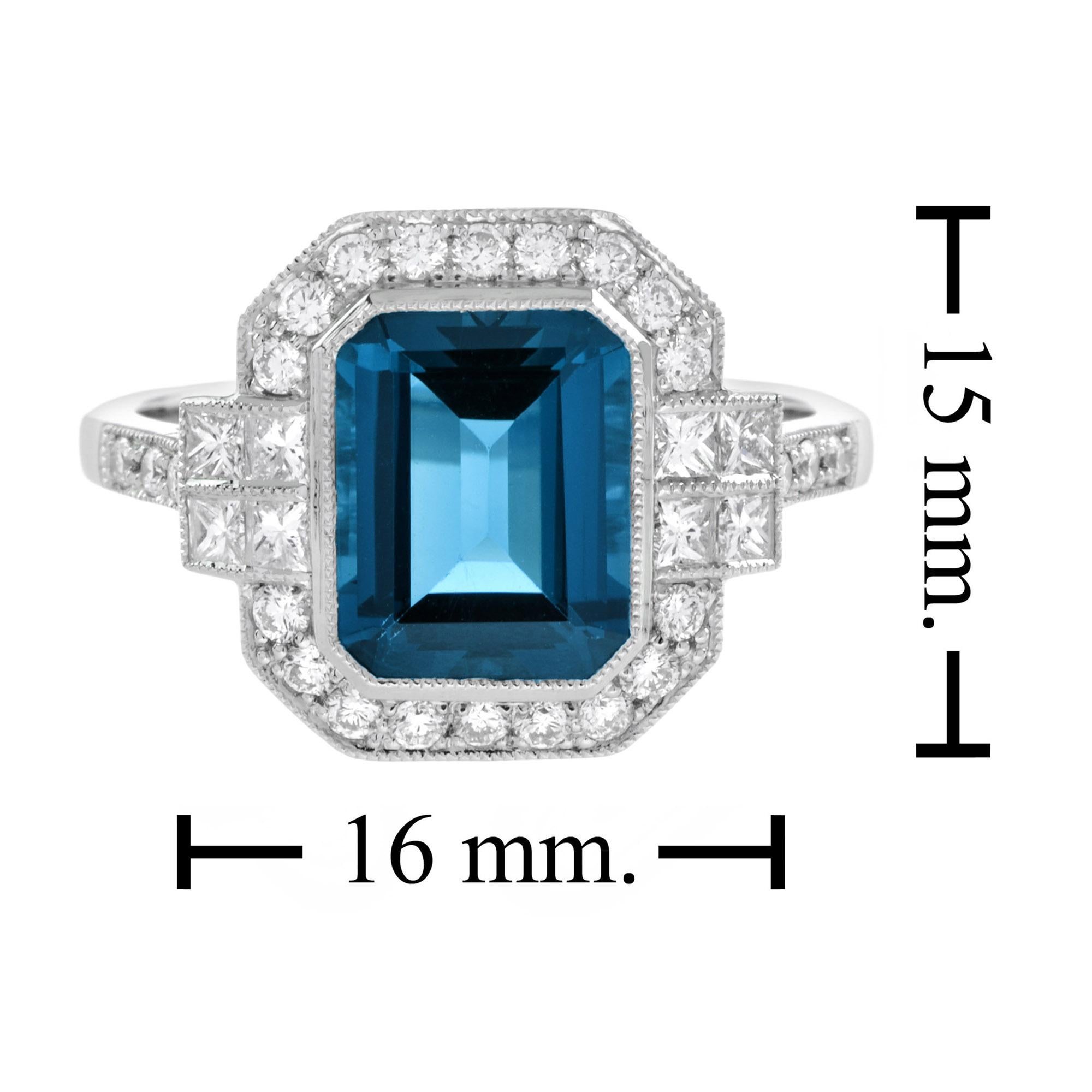 For Sale:  Emerald Cut London Blue Topaz with Diamond Engagement Ring in Platinum 7