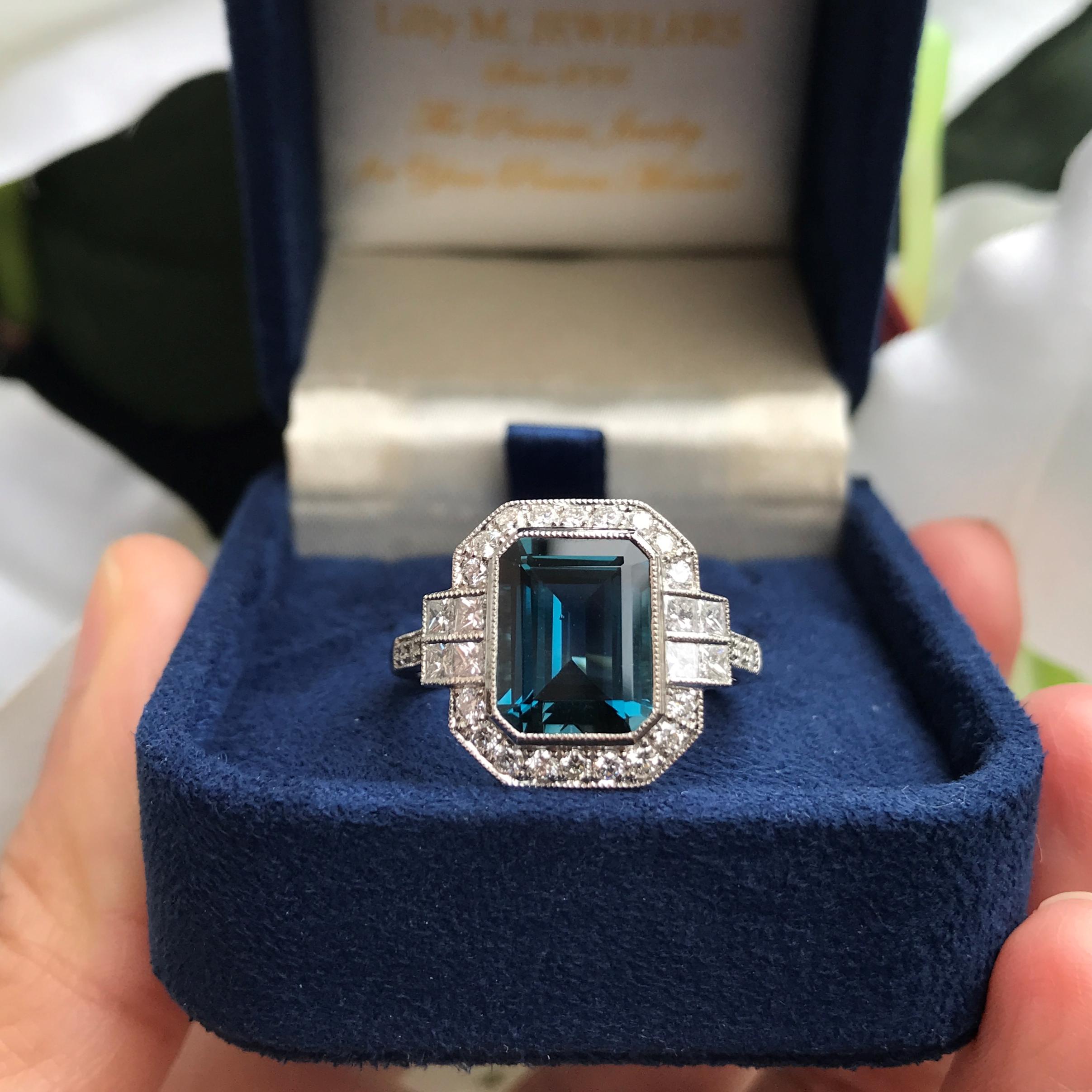 For Sale:  Emerald Cut London Blue Topaz with Diamond Engagement Ring in Platinum 2