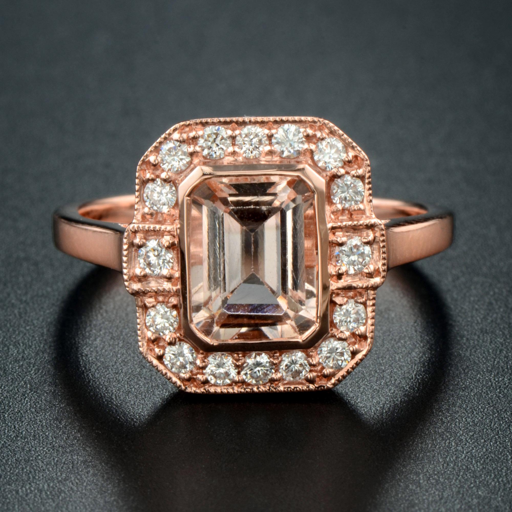 For Sale:  Emerald Cut Morganite with Diamond Engagement Ring in 18K Rose Gold 3