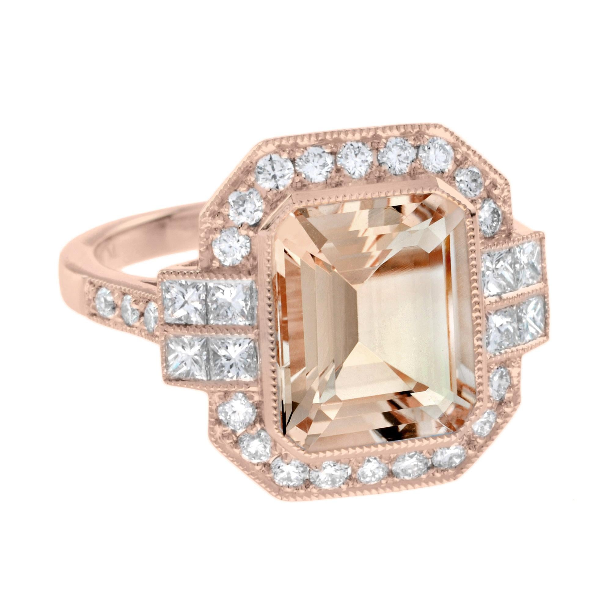 For Sale:  Emerald Cut Morganite and Diamond Engagement Ring in 18K Rose Gold 3