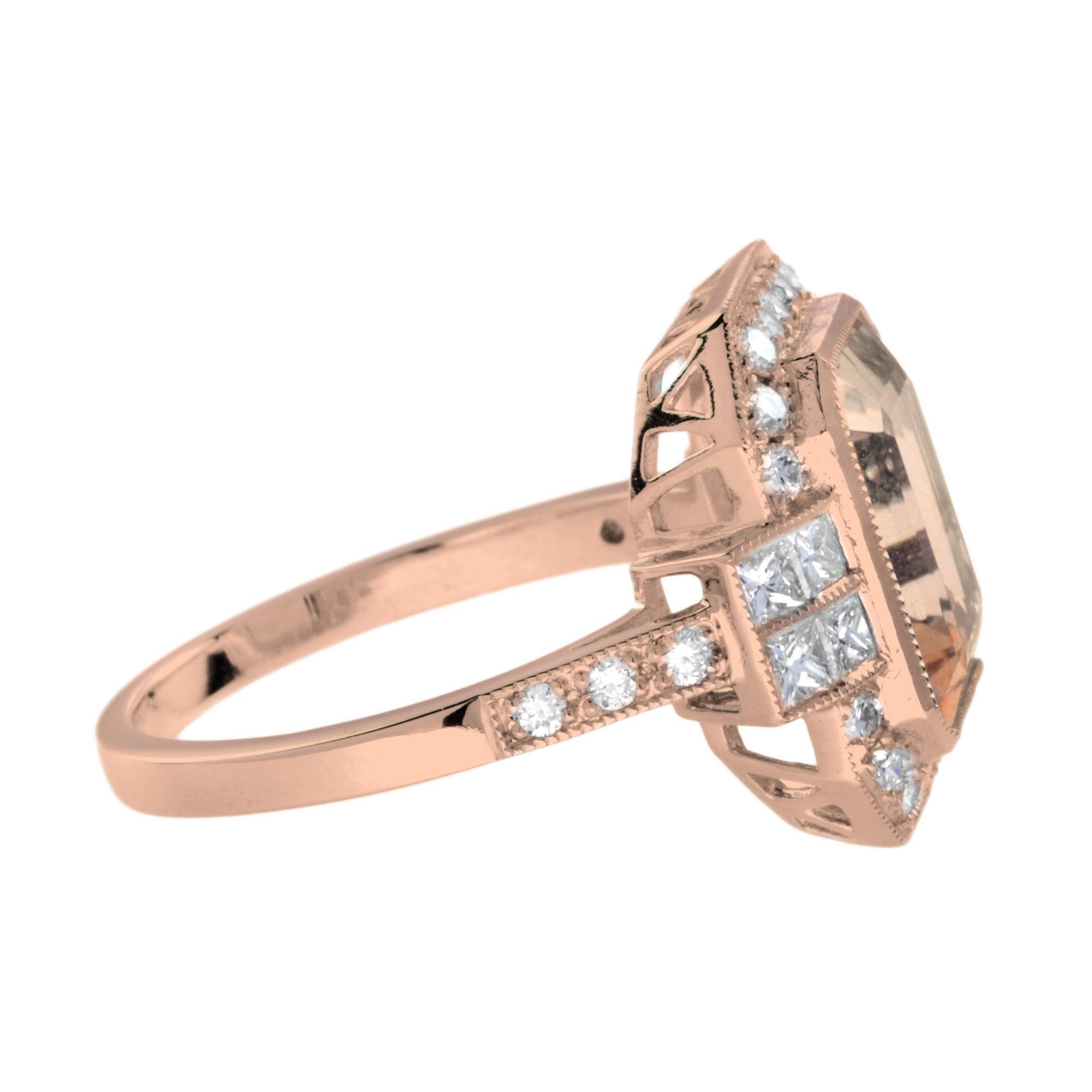 For Sale:  Emerald Cut Morganite and Diamond Engagement Ring in 18K Rose Gold 4