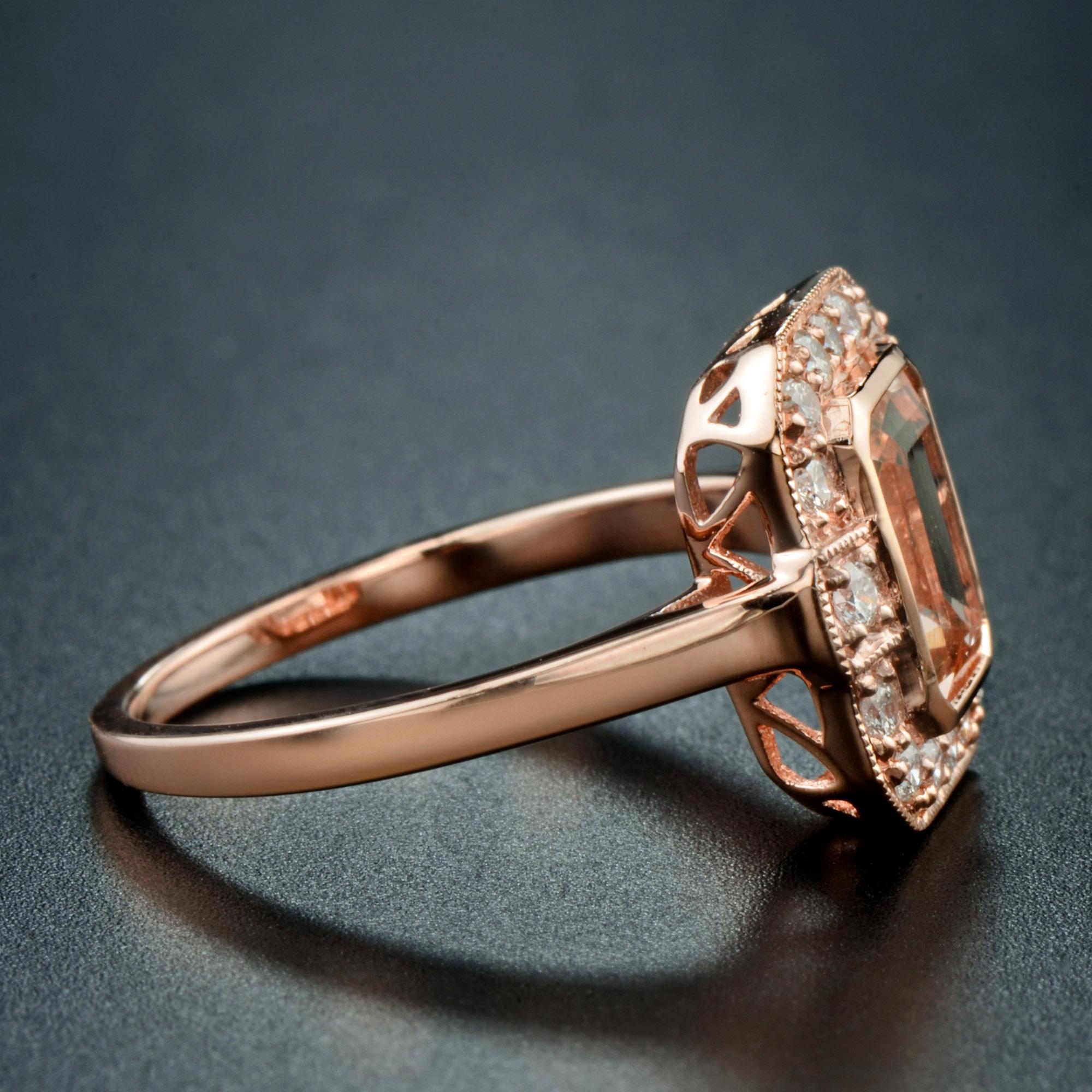 For Sale:  Emerald Cut Morganite with Diamond Engagement Ring in 18K Rose Gold 5