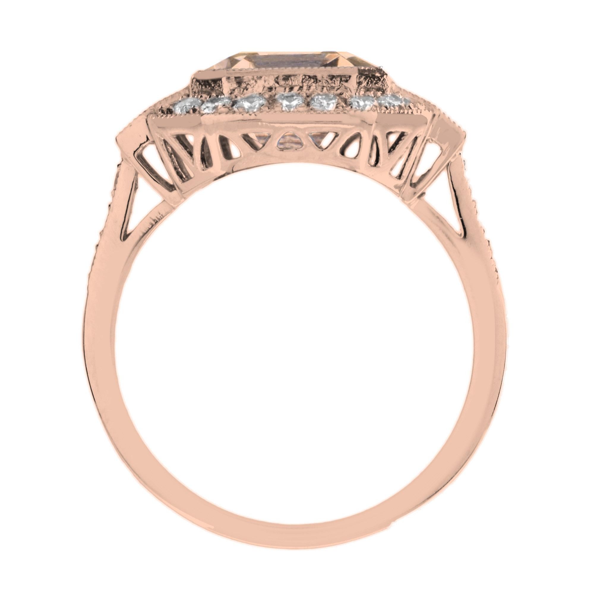For Sale:  Emerald Cut Morganite and Diamond Engagement Ring in 18K Rose Gold 6