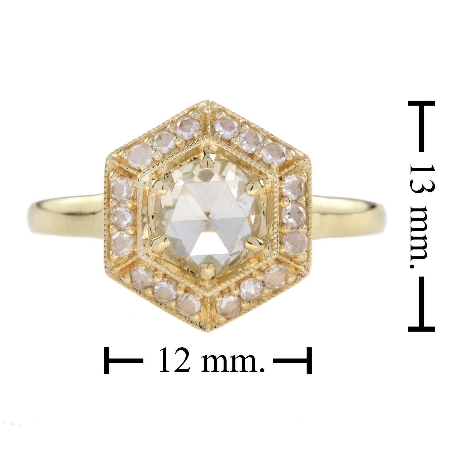 Art Deco Rose Cut Diamond Vintage Style Hexagon Engagement Ring in 18K Yellow Gold 