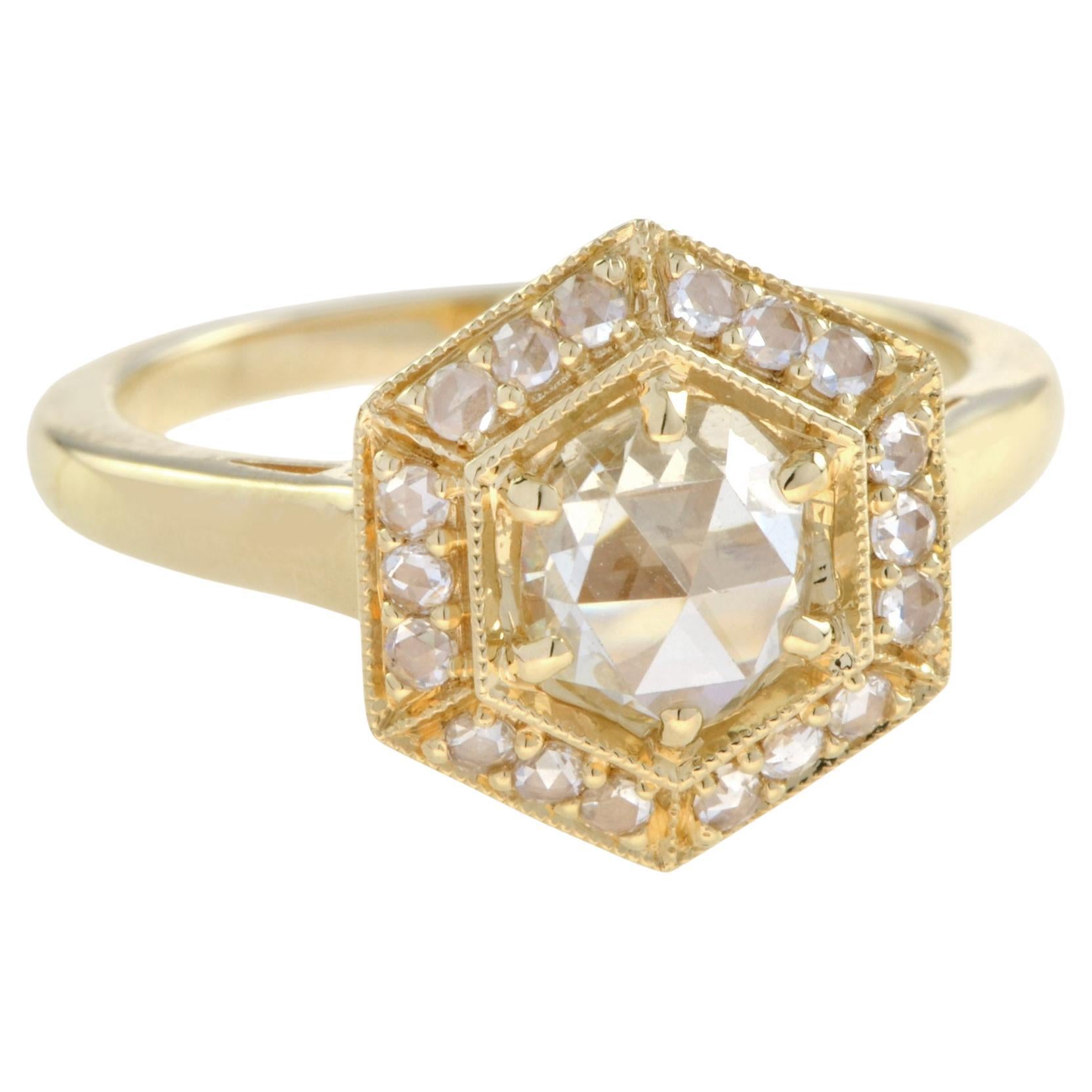 Halona Rose Cut Diamond Hexagon Engagement Ring in 18K Yellow Gold 
