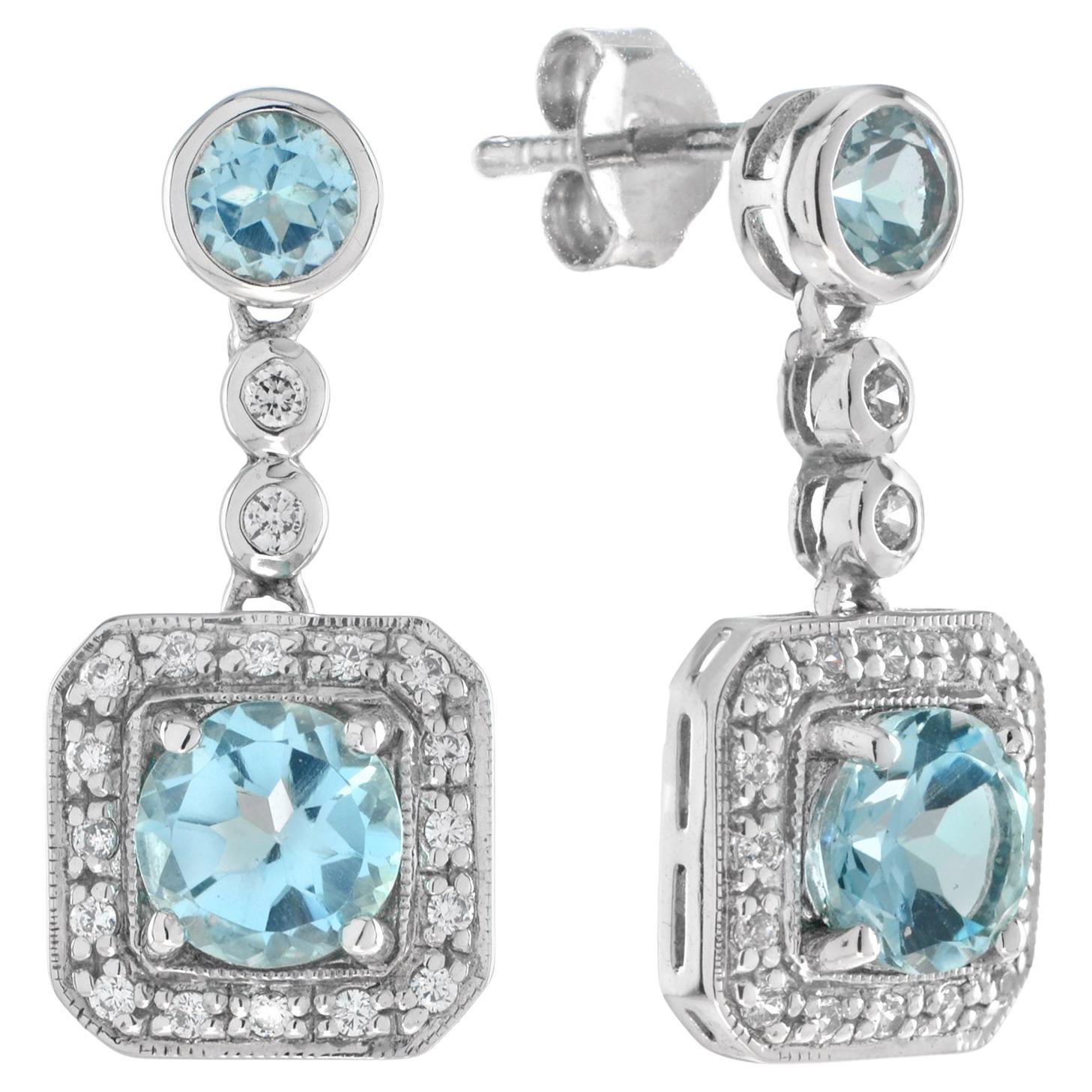 Natural Blue Topaz and Diamond Drop Earrings in 14K White Gold For Sale