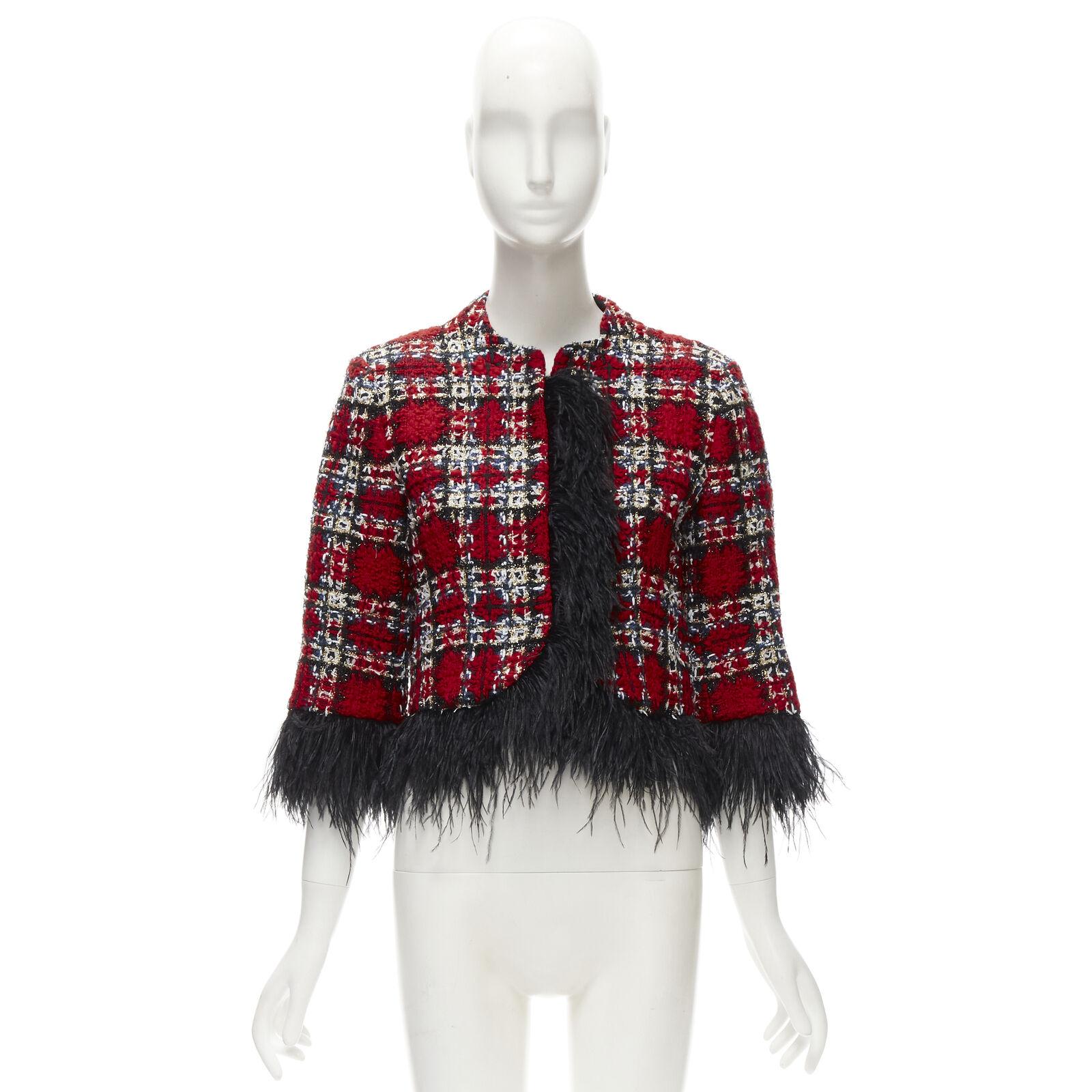 HALPERN 2022 red checked tweed black feather trim cropped jacket FR34 XS For Sale 7