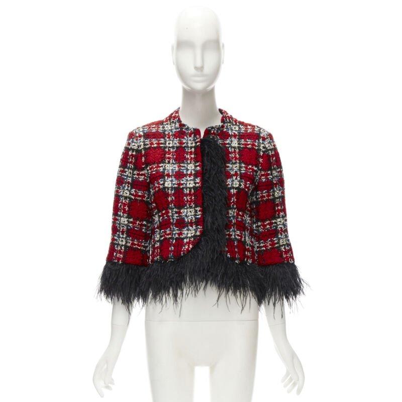 HALPERN 2022 giacca cropped in tweed a quadri rossi e piume nere FR34 XS in vendita 6